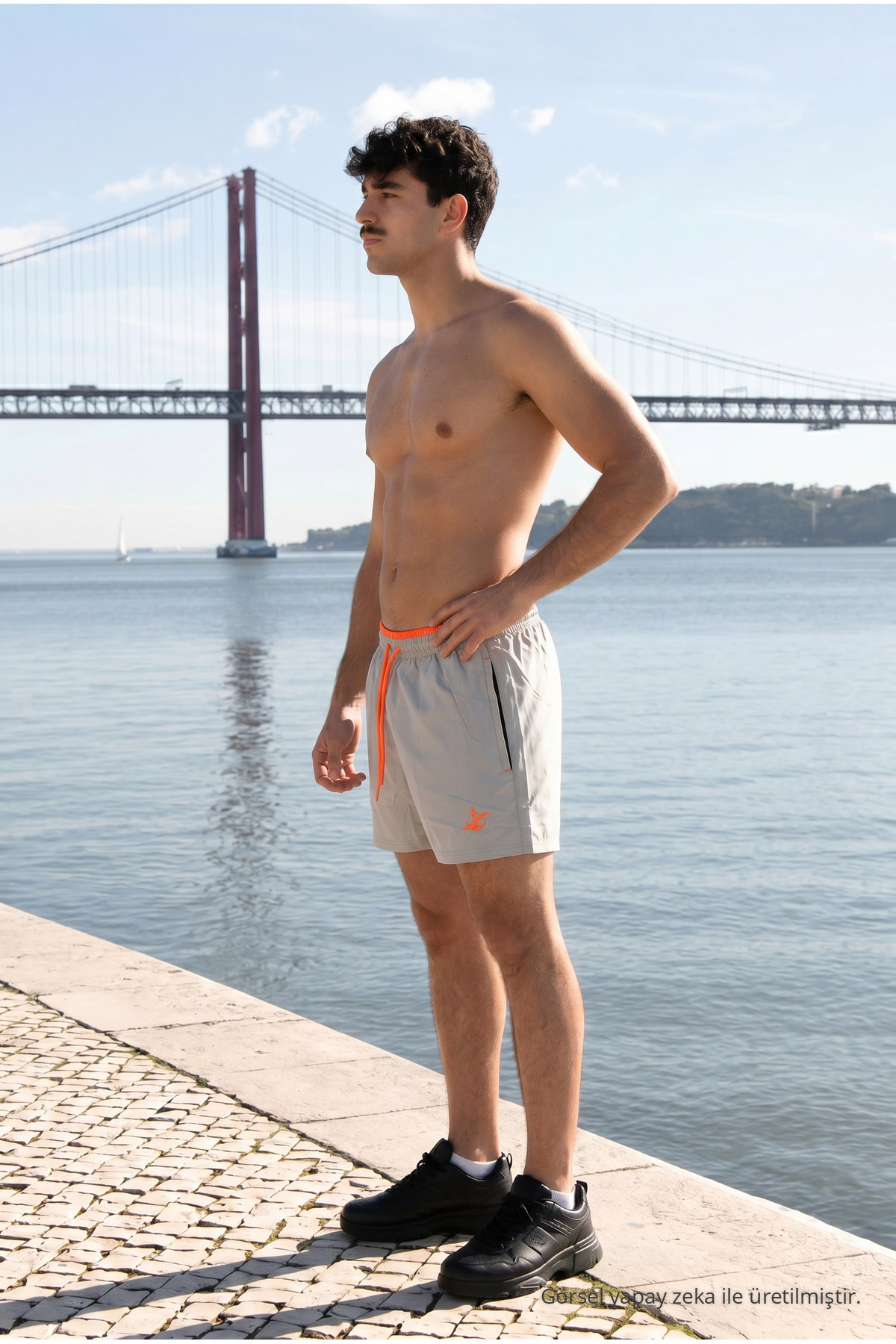 Erkek Relax Fit Bağcıklı Fermuarlı Cepli Gri Deniz Şortu 5