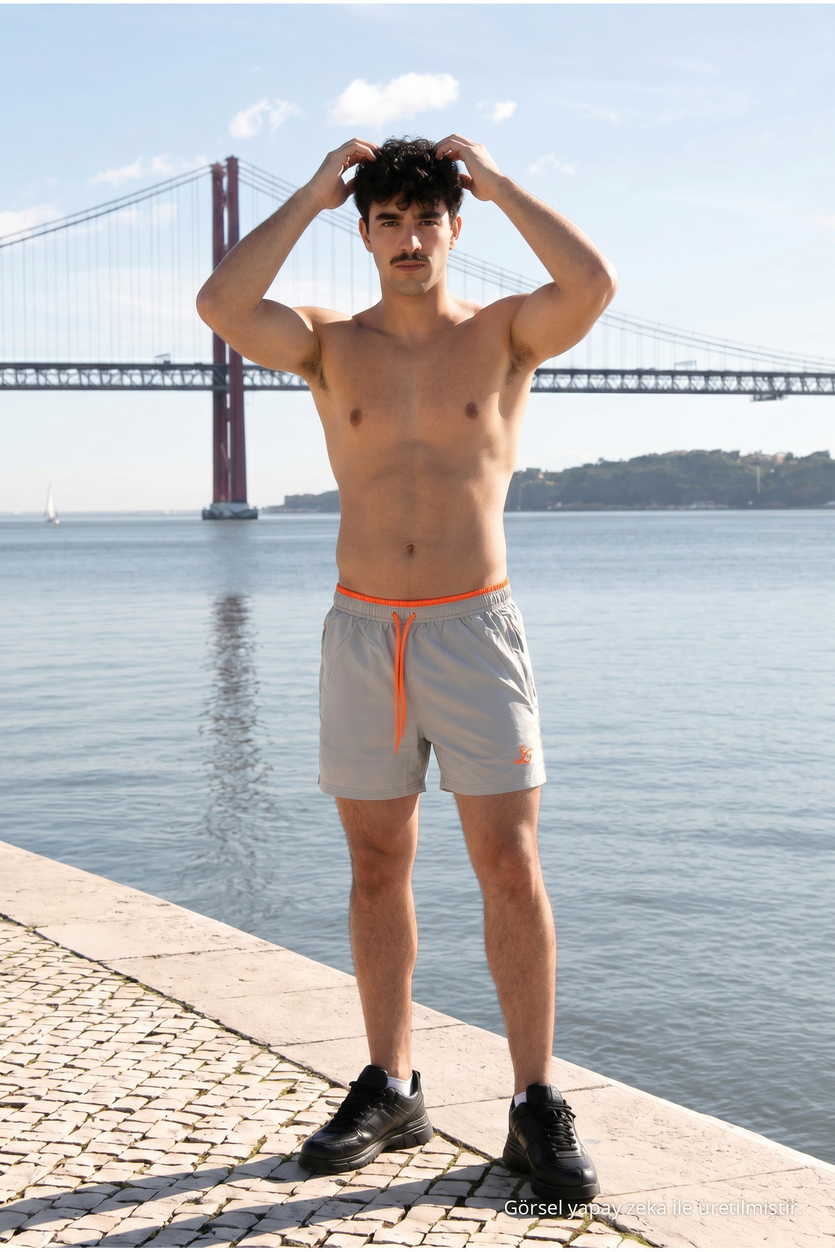 Erkek Relax Fit Bağcıklı Fermuarlı Cepli Gri Deniz Şortu 4