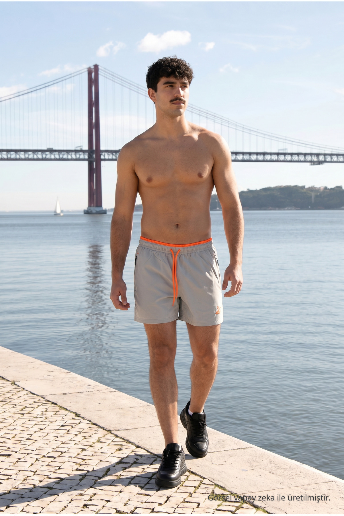 Erkek Relax Fit Bağcıklı Fermuarlı Cepli Gri Deniz Şortu 3