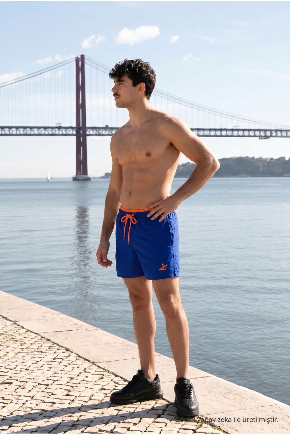 Erkek Relax Fit Bağcıklı Fermuarlı Cepli Mavi Deniz Şortu 5