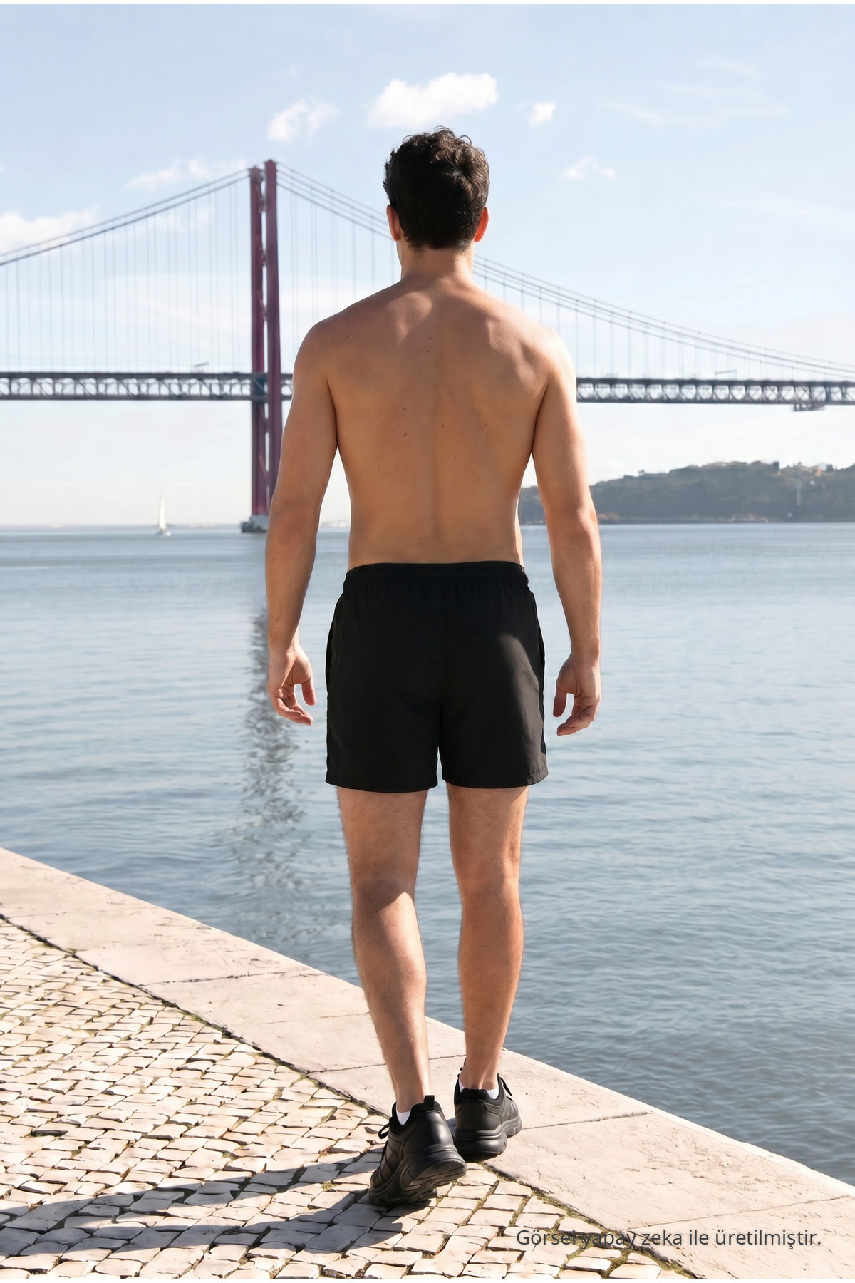 Erkek Relax Fit Bağcıklı Fermuarlı Cepli G.Siyah Deniz Şortu Siyah-Gri 6