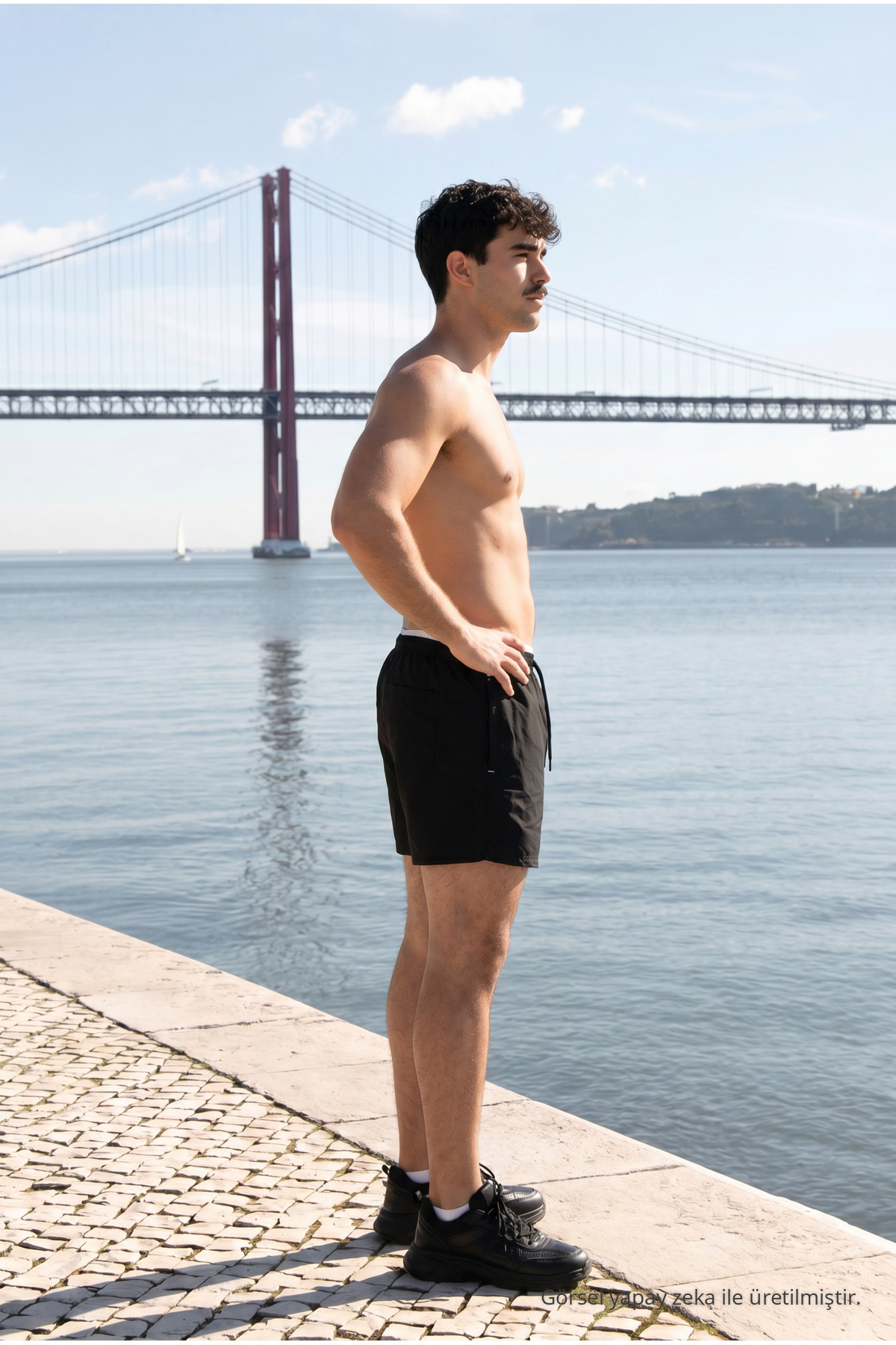 Erkek Relax Fit Bağcıklı Fermuarlı Cepli G.Siyah Deniz Şortu Siyah-Gri 5