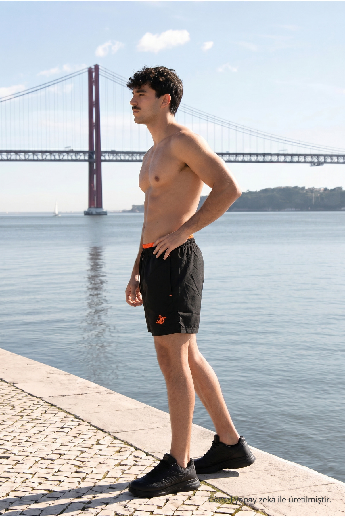 Erkek Relax Fit Bağcıklı Fermuarlı Cepli T.Siyah Deniz Şortu Siyah-Turuncu 5