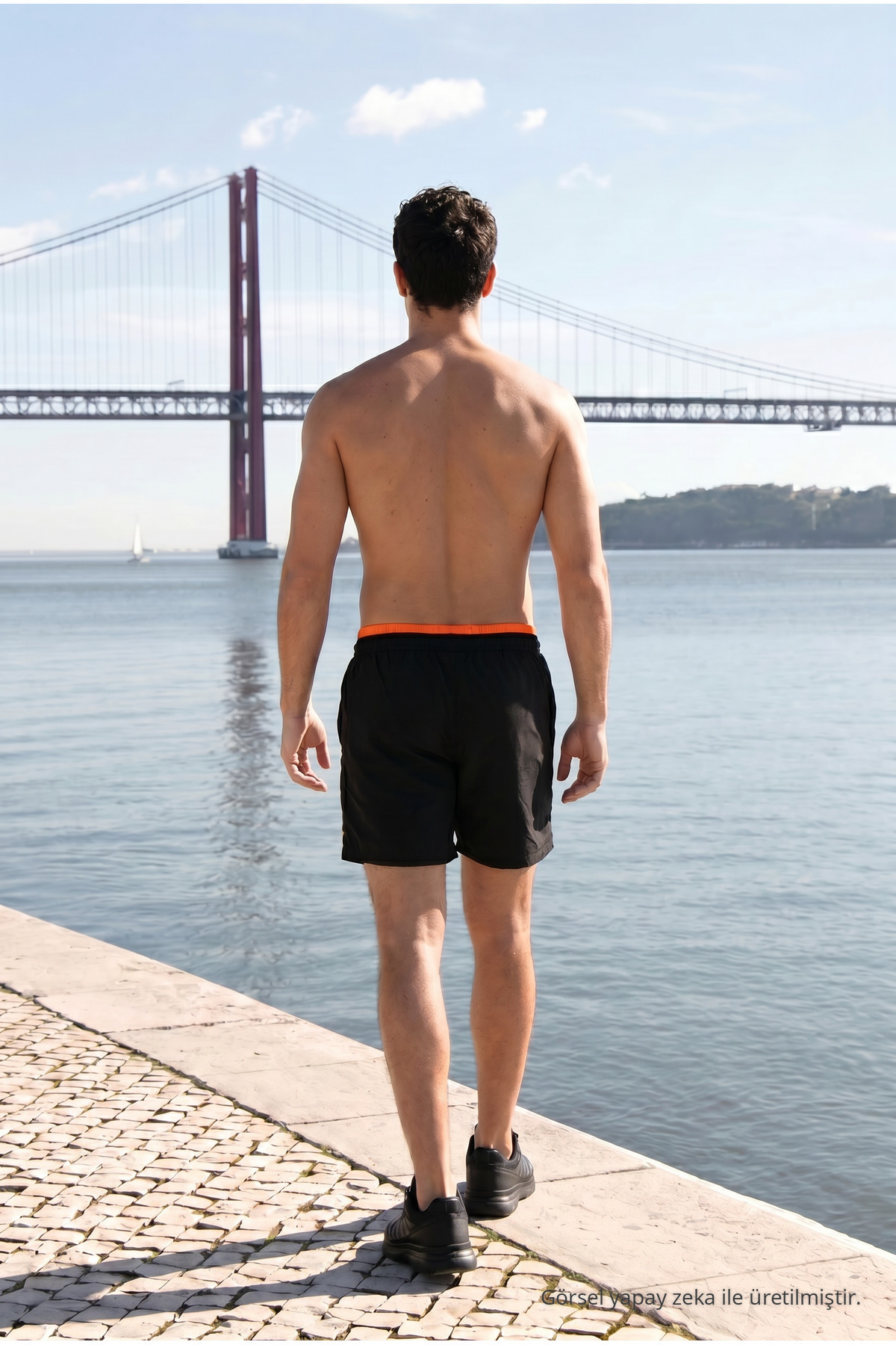 Erkek Relax Fit Bağcıklı Fermuarlı Cepli T.Siyah Deniz Şortu Siyah-Turuncu 6