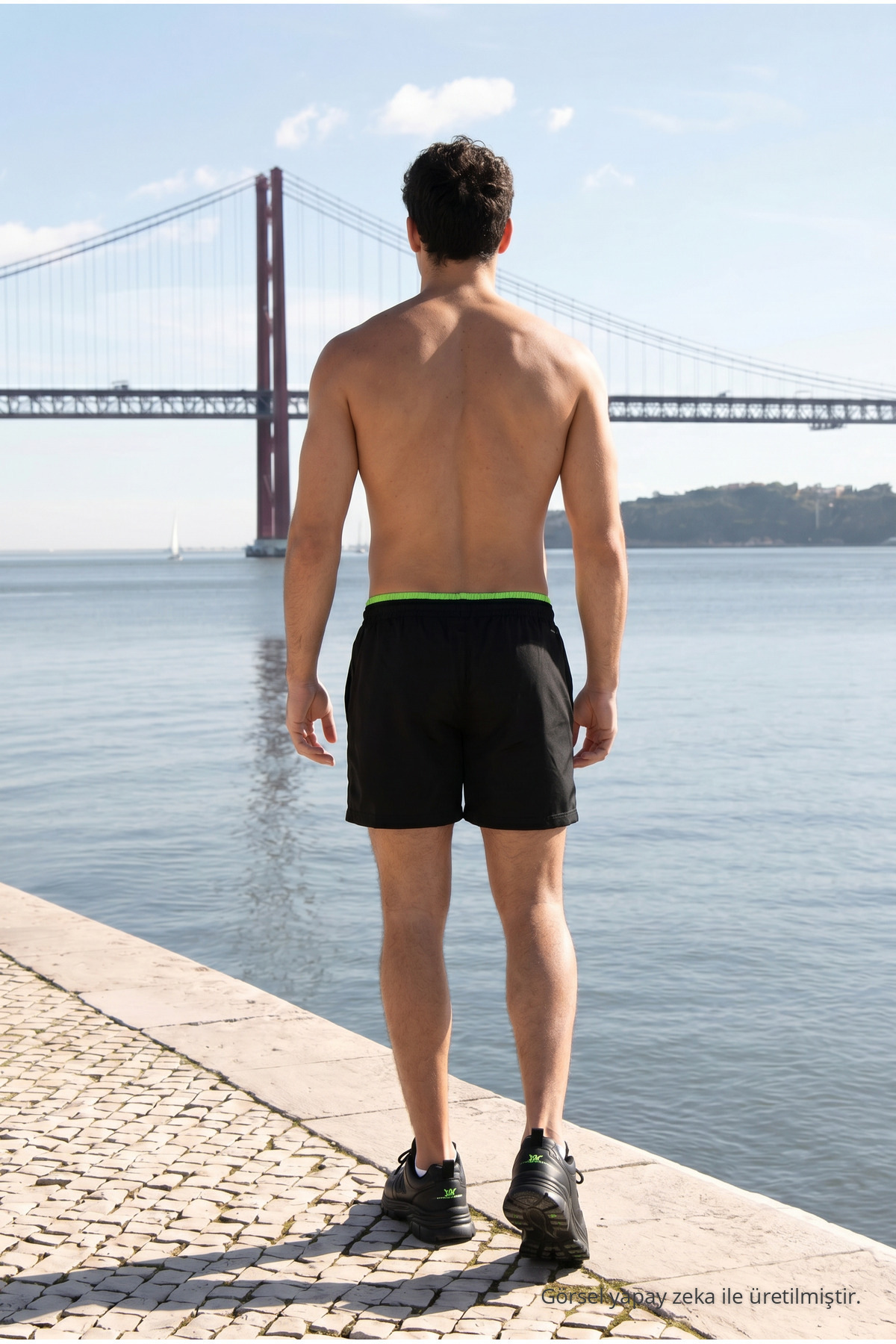Erkek Relax Fit Bağcıklı Fermuarlı Cepli Y.Siyah Deniz Şortu Siyah-Yeşil 6
