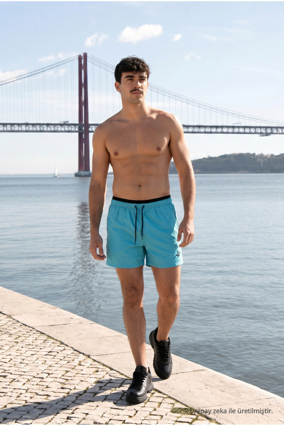 Erkek Relax Fit Bağcıklı Fermuarlı Cepli Turkuaz Deniz Şortu 3