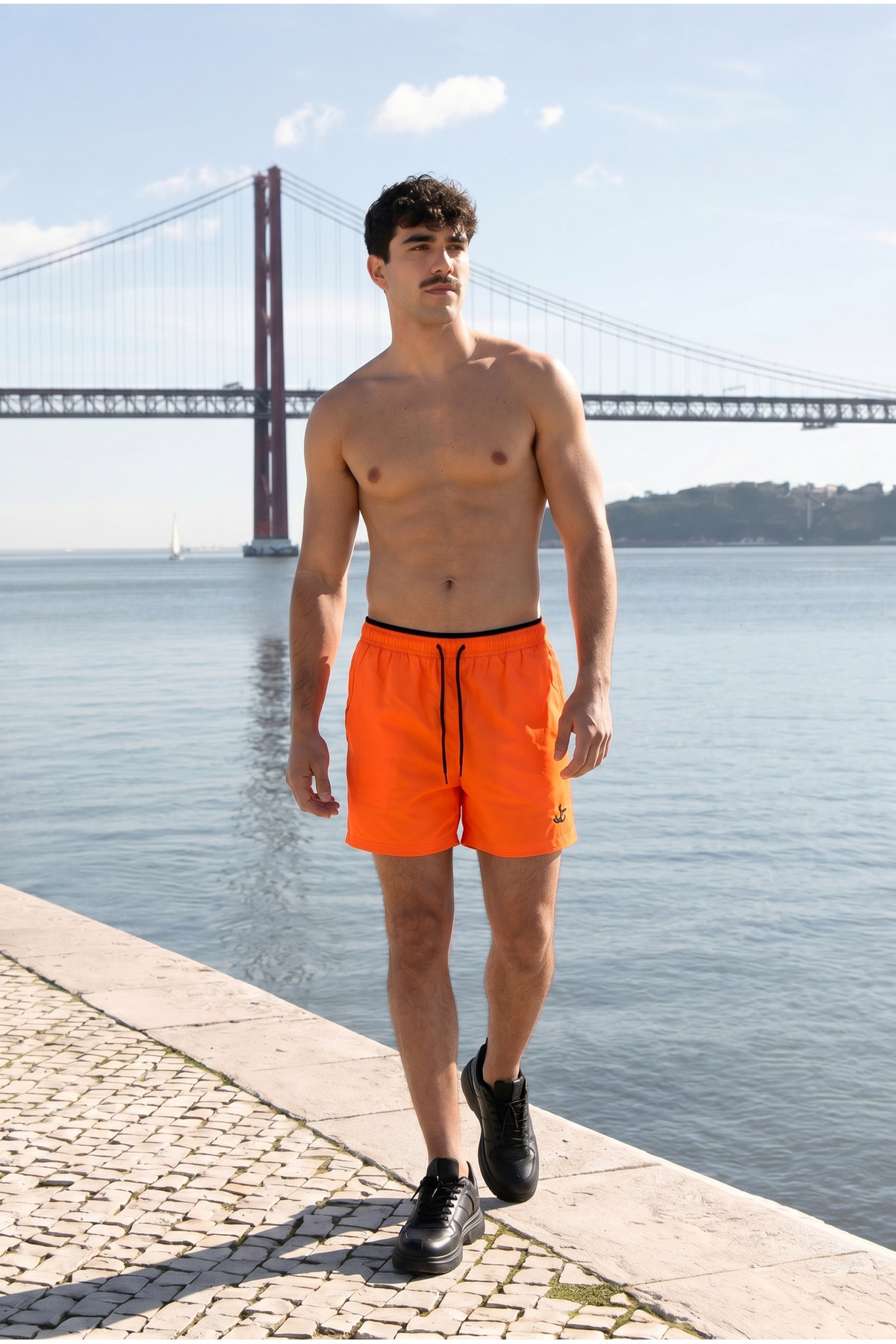 Erkek Relax Fit Bağcıklı Fermuarlı Cepli Turuncu Deniz Şortu 3