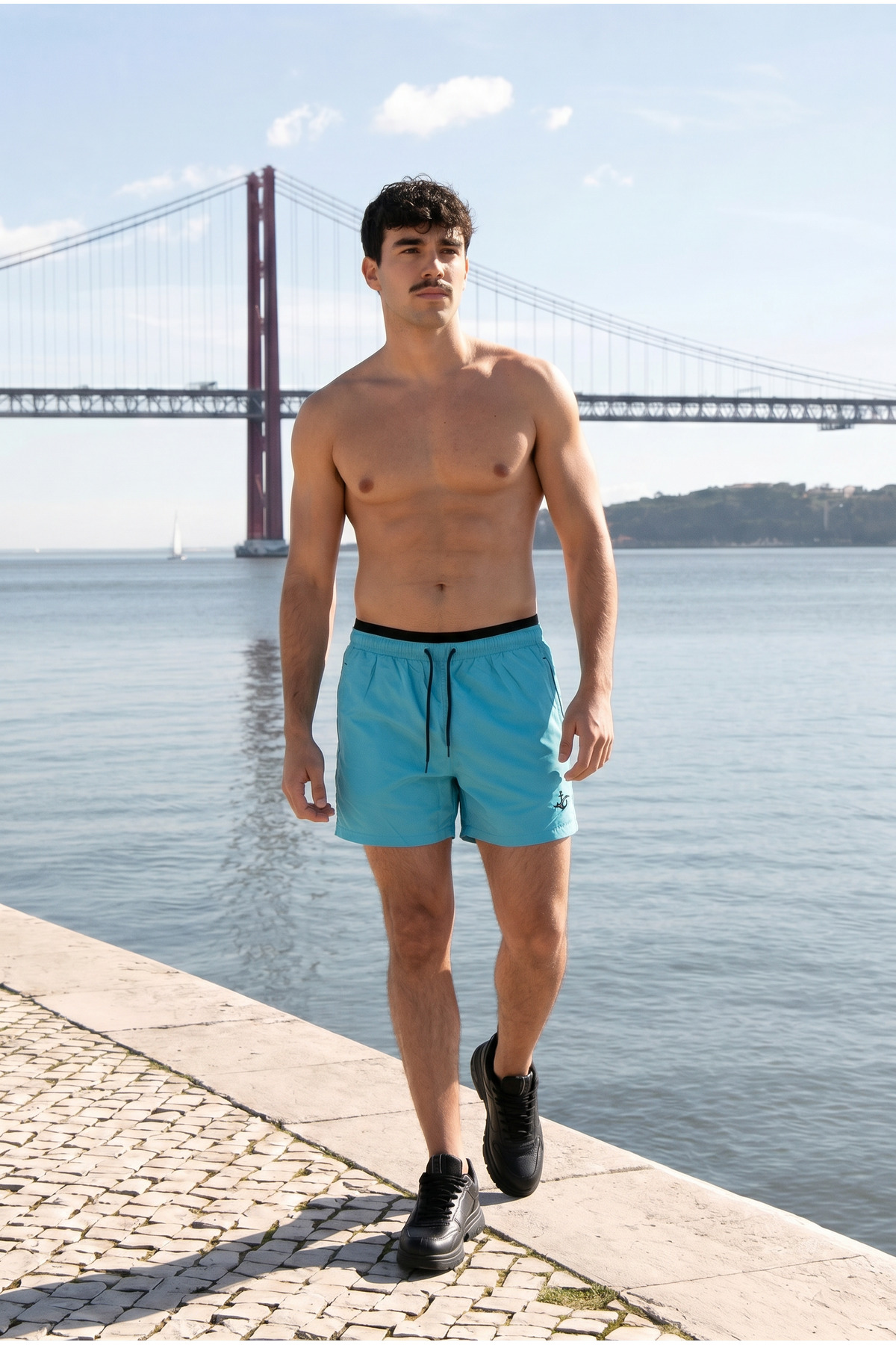 Erkek Relax Fit Bağcıklı Fermuarlı Cepli Turkuaz Deniz Şortu 3