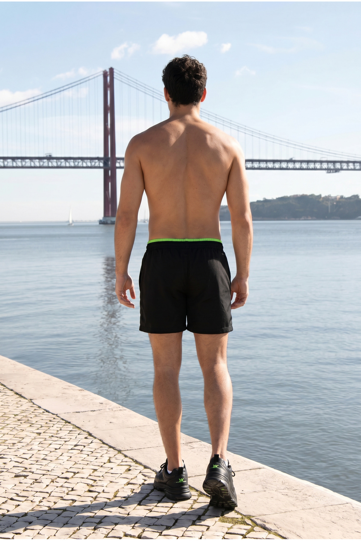 Erkek Relax Fit Bağcıklı Fermuarlı Cepli Siyah-Yeşil Deniz Şortu 6