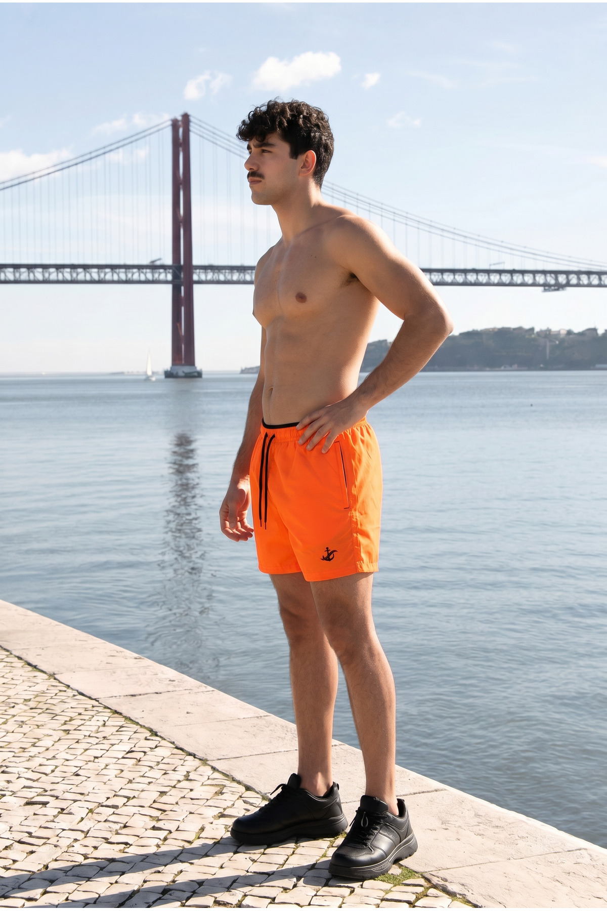 Erkek Relax Fit Bağcıklı Fermuarlı Cepli Turuncu Deniz Şortu 5