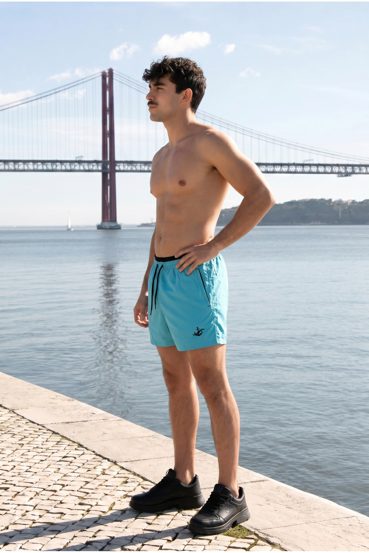 Erkek Relax Fit Bağcıklı Fermuarlı Cepli Turkuaz Deniz Şortu 5