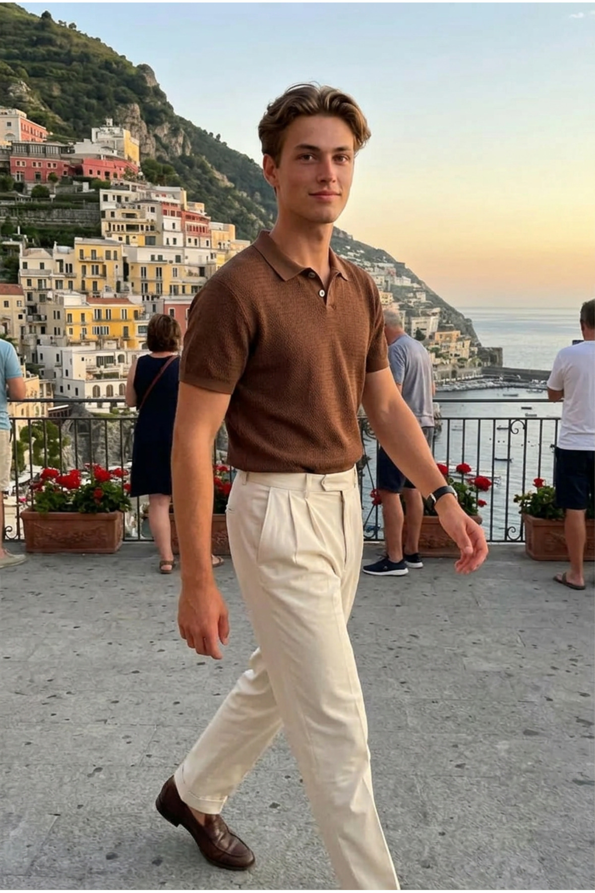 Erkek Yazlık Pamuklu Dokulu Bol Kahverengi Polo Yaka Tişört 3