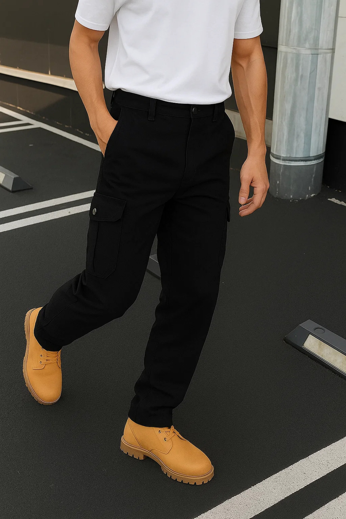 Erkek Trend Günlük Bol Paça Siyah Taktik Kargo Pantolon 4