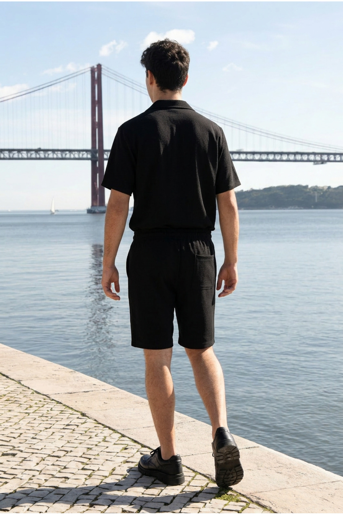 Erkek Relax Fit Gömlek Basic Şort Siyah Yazlık Keten İkili Takım 5