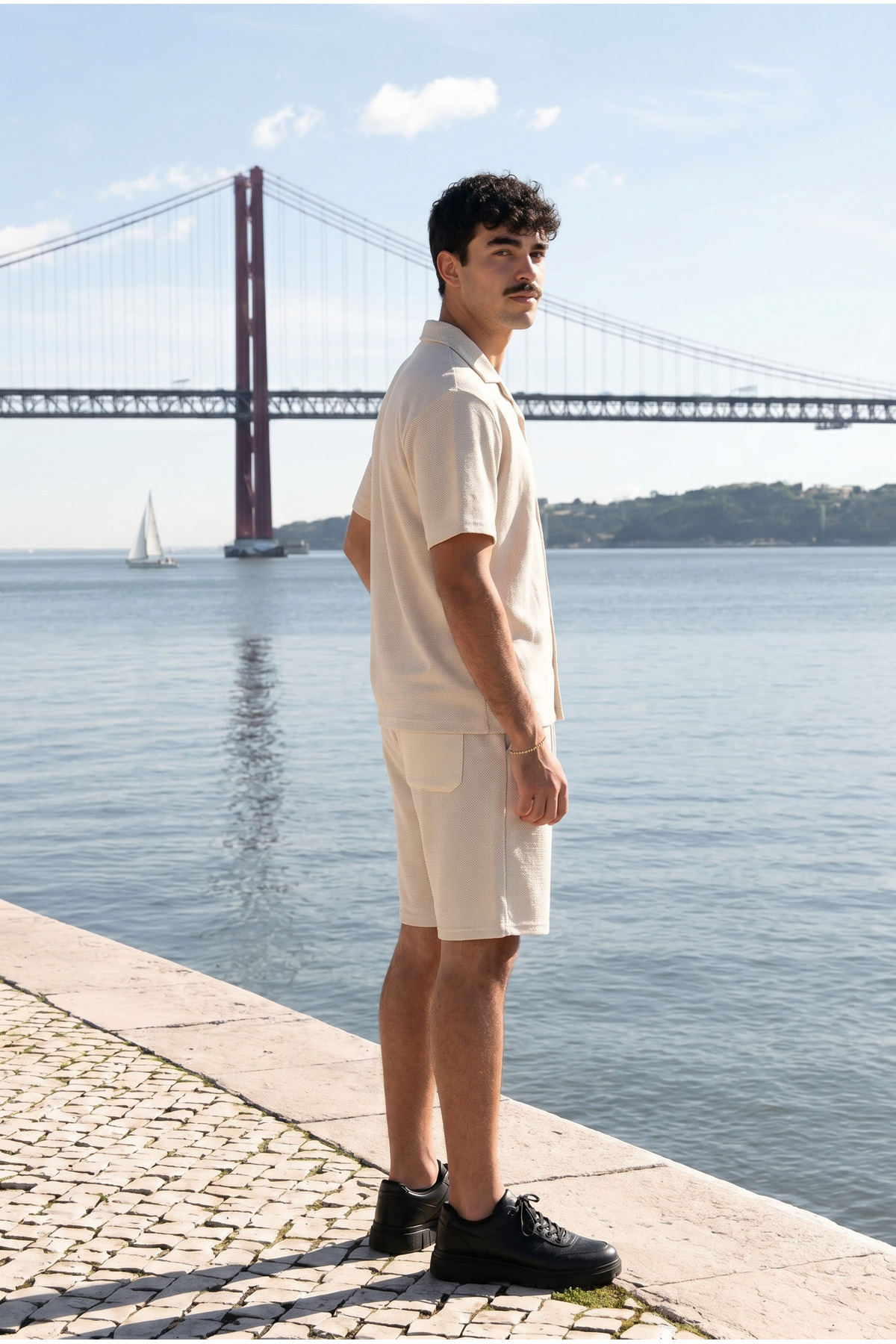 Erkek Relax Fit Gömlek Basic Şort Krem Yazlık Keten İkili Takım 4