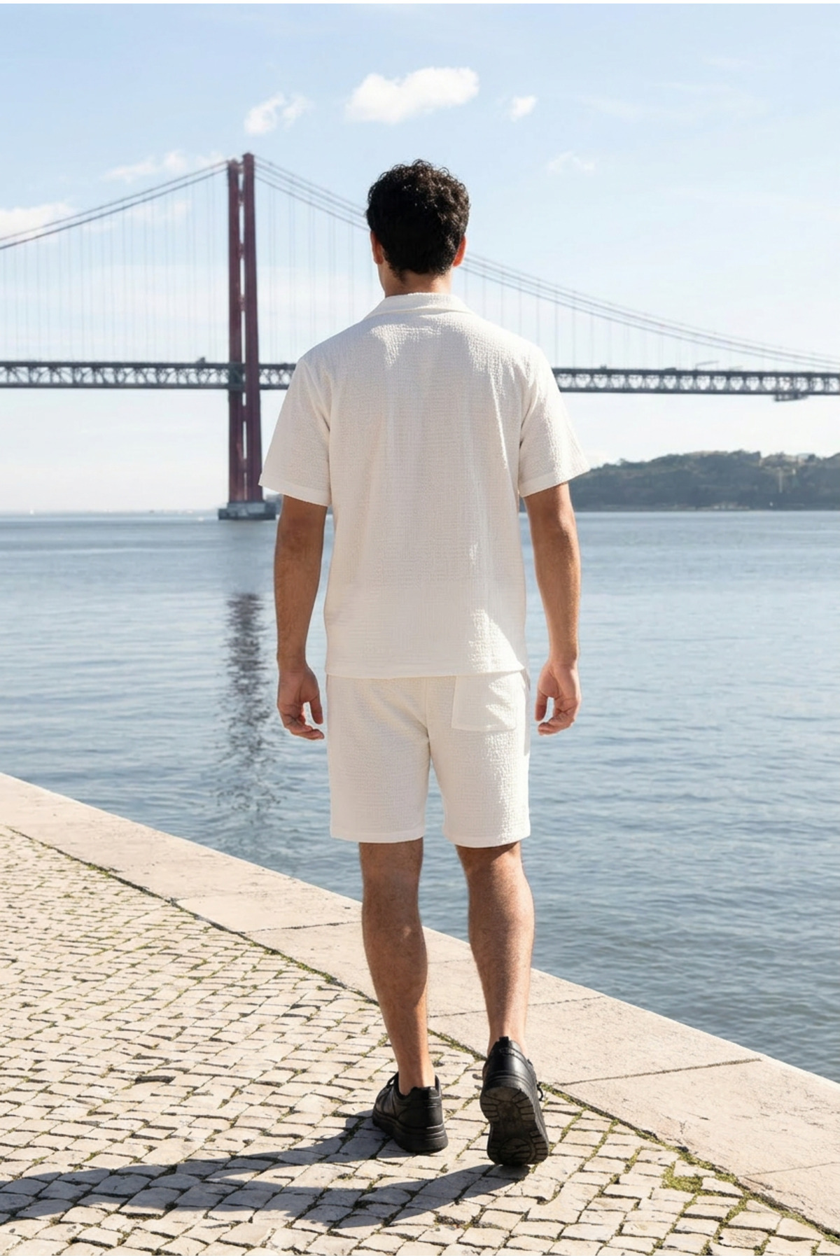 Erkek Relax Fit Gömlek Basic Şort Beyaz Yazlık Keten İkili Takım 5