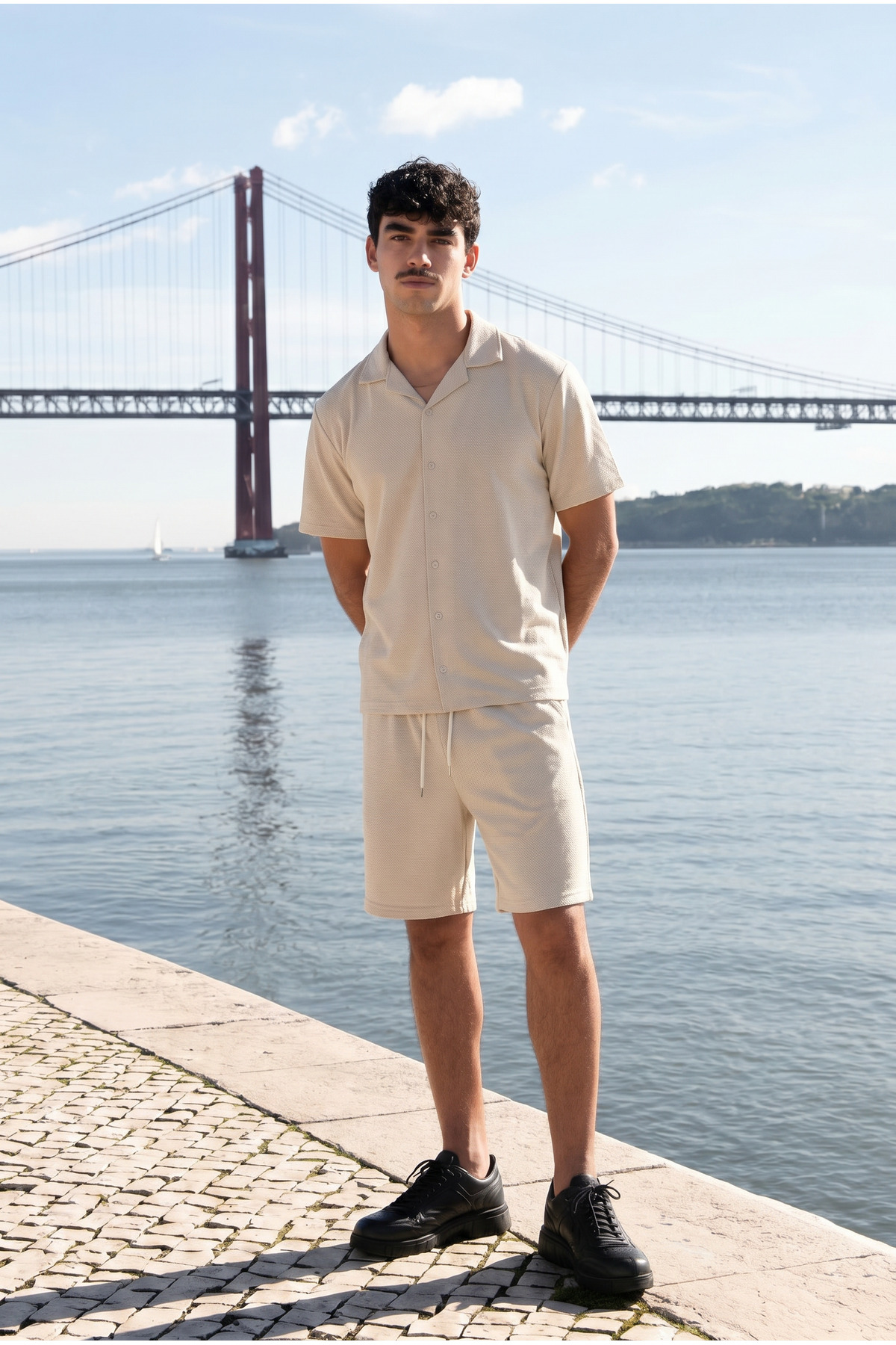 Erkek Relax Fit Gömlek Basic Şort Krem Yazlık Keten İkili Takım 6