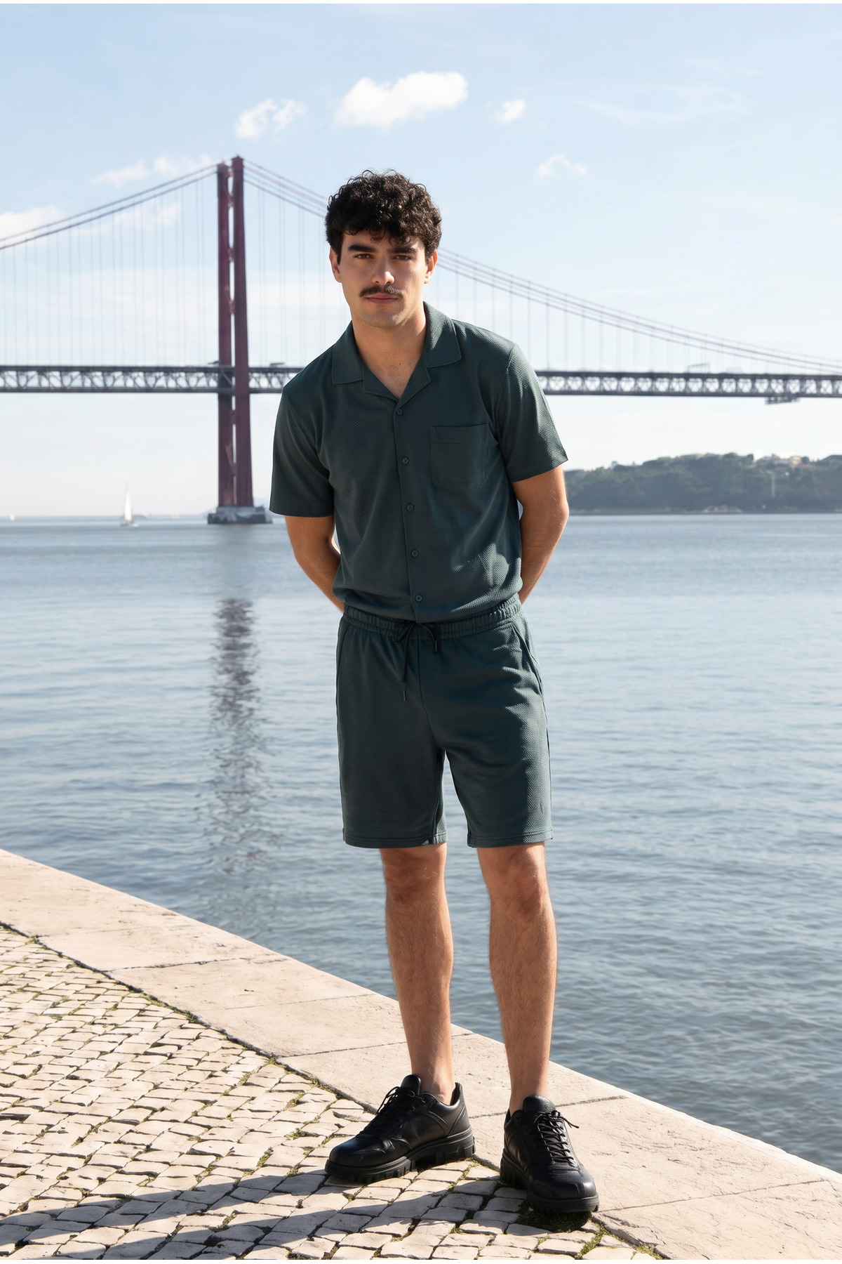 Erkek Relax Fit Gömlek Basic Şort Haki Yazlık Keten İkili Takım 6