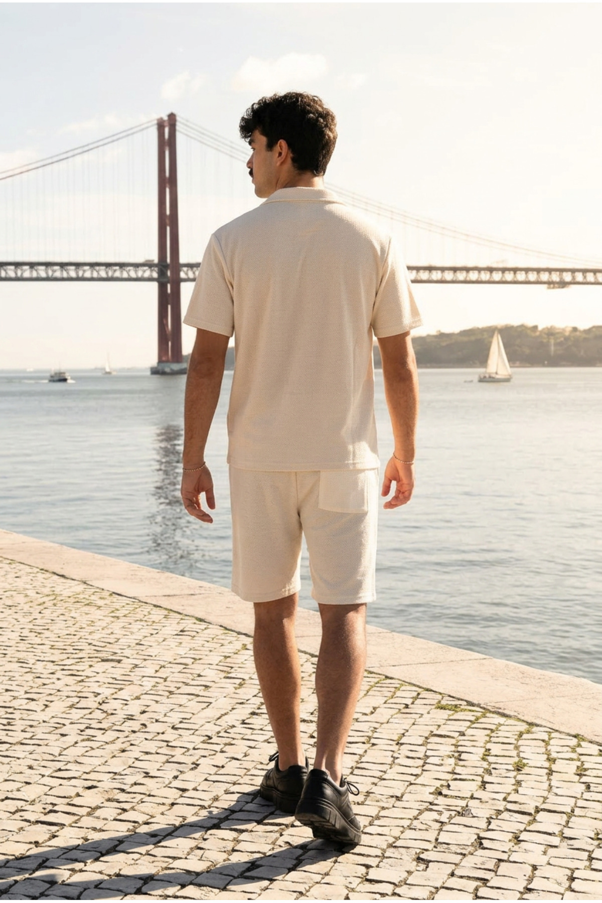 Erkek Relax Fit Gömlek Basic Şort Krem Yazlık Keten İkili Takım 5