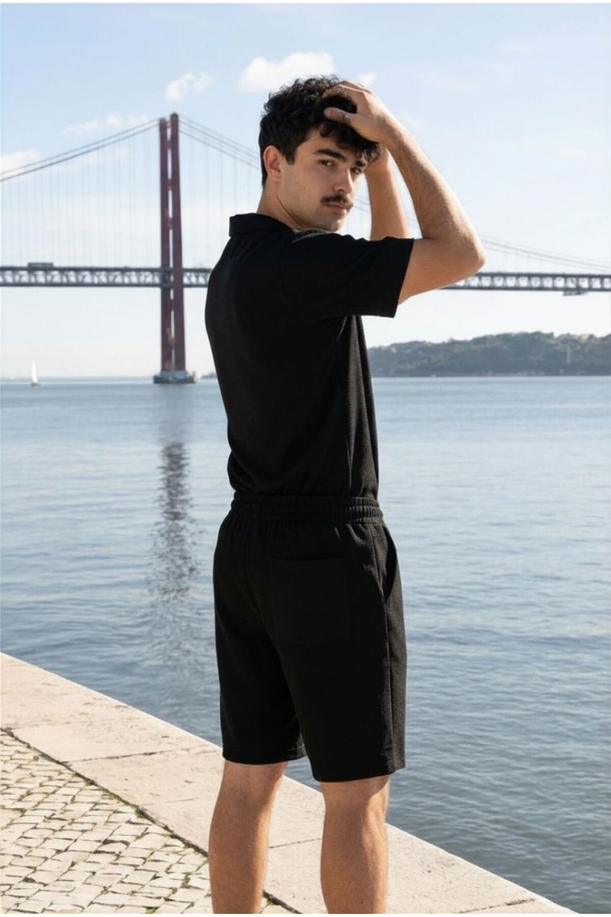 Erkek Relax Fit Gömlek Basic Şort Siyah Yazlık Keten İkili Takım 3