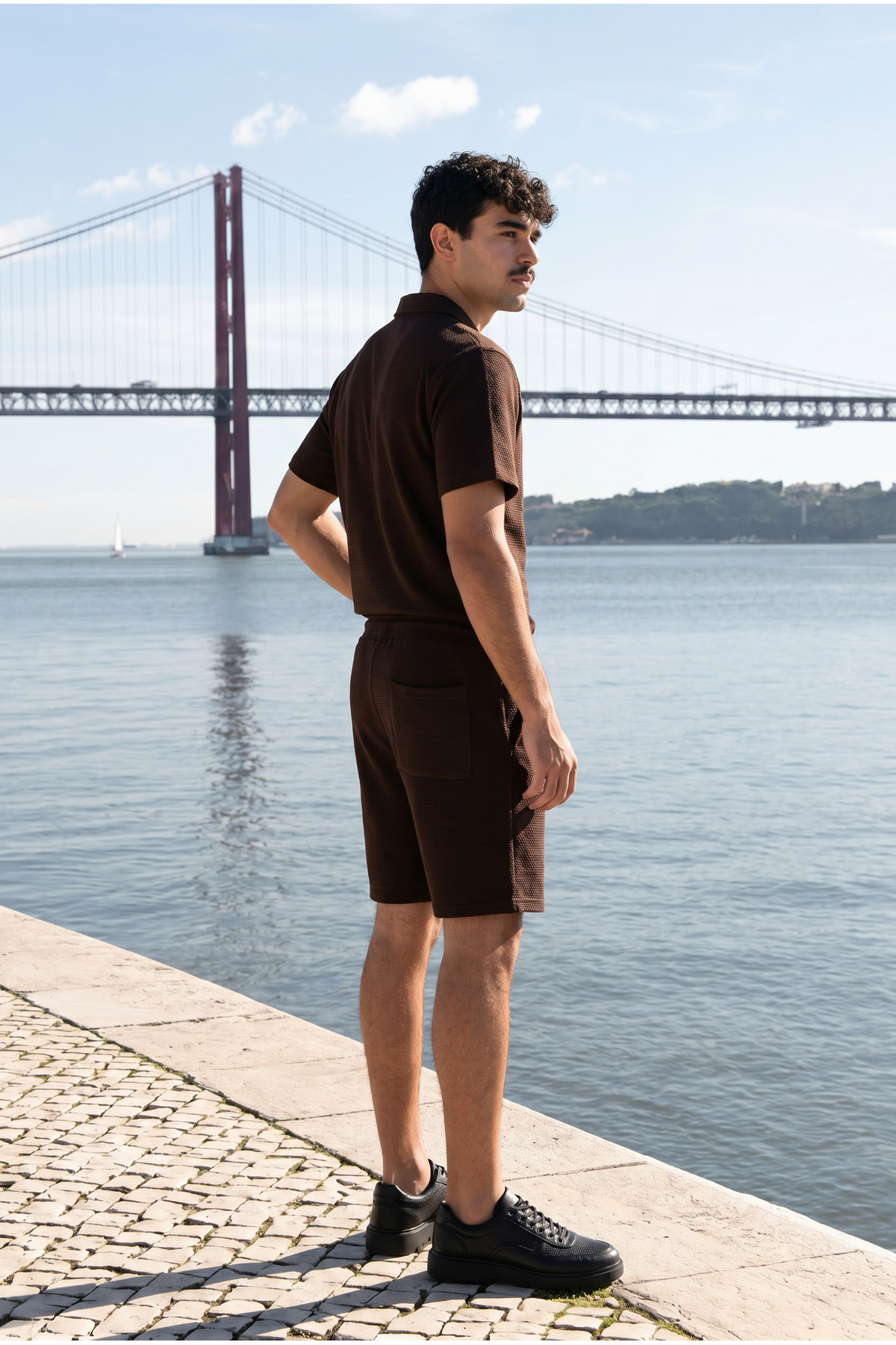 Erkek Relax Fit Gömlek Basic Şort Kahve Yazlık Keten İkili Takım 4