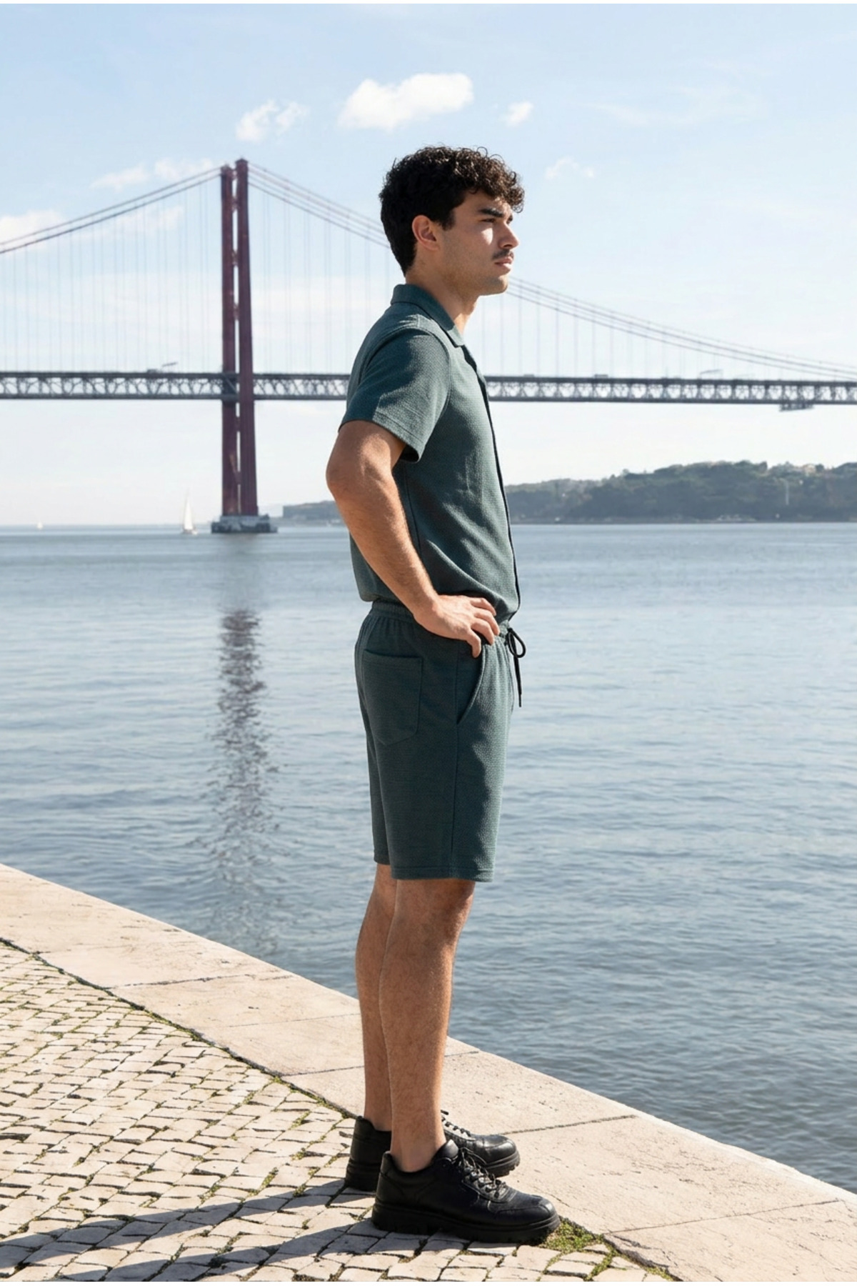 Erkek Relax Fit Gömlek Basic Şort Haki Yazlık Keten İkili Takım 4