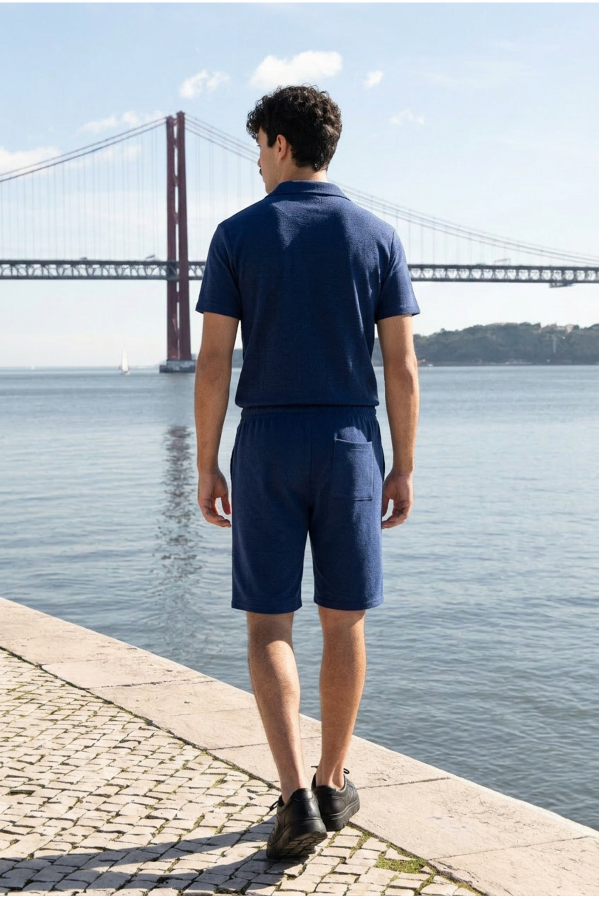 Erkek Relax Fit Gömlek Basic Şort Lacivert Yazlık Keten İkili Takım 5