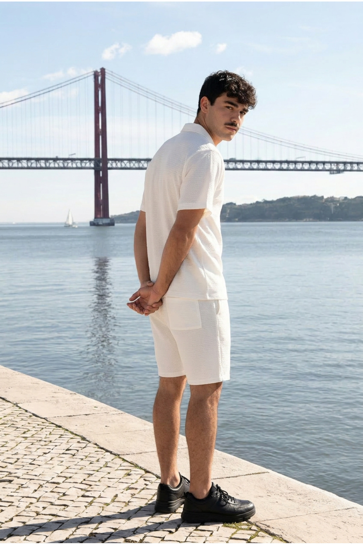 Erkek Relax Fit Gömlek Basic Şort Beyaz Yazlık Keten İkili Takım 6