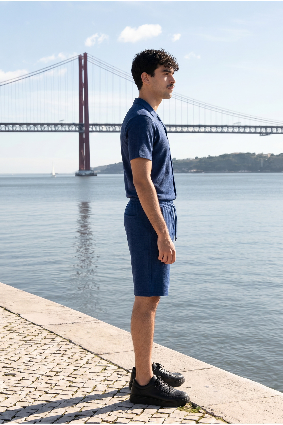 Erkek Relax Fit Gömlek Basic Şort Lacivert Yazlık Keten İkili Takım 4