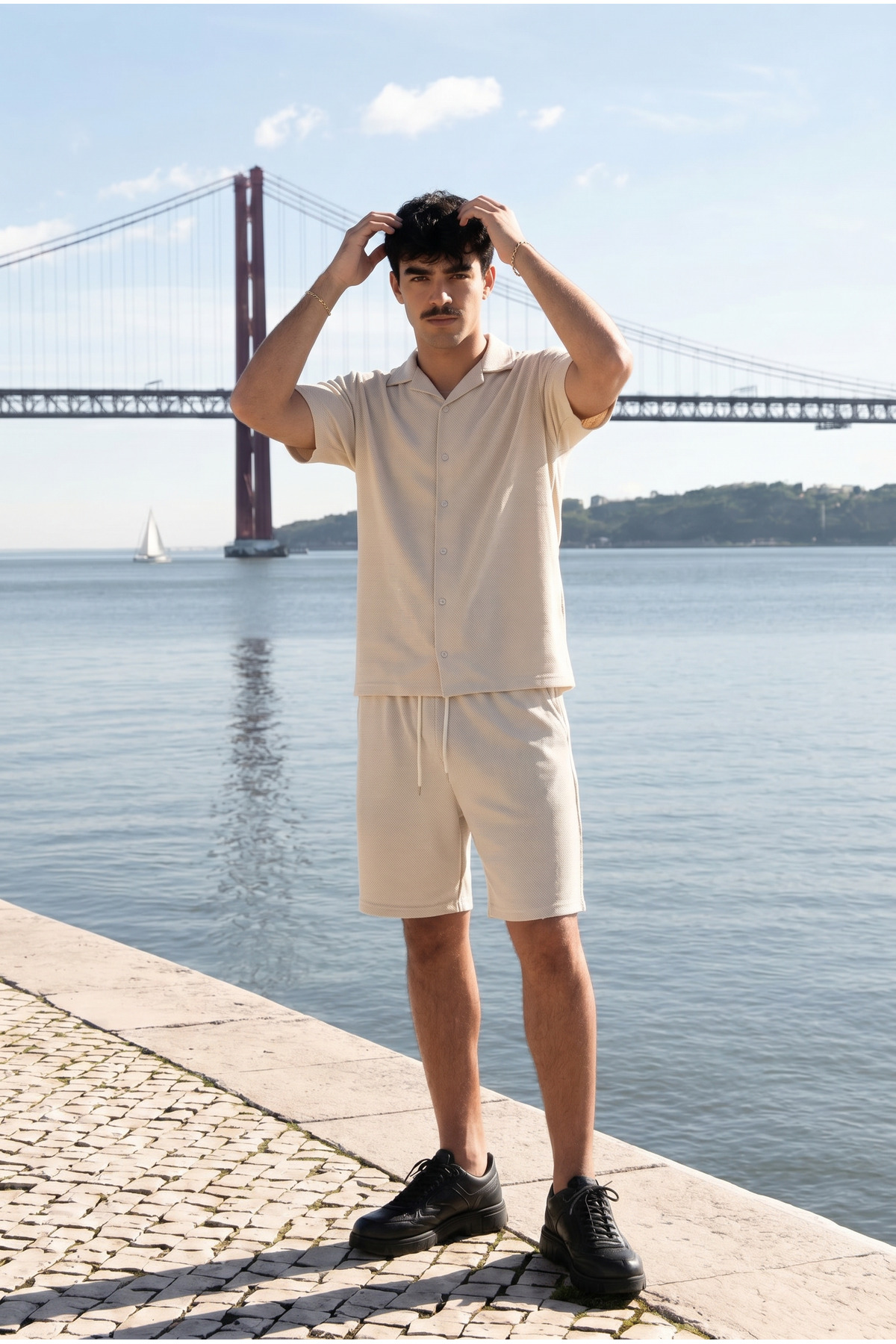Erkek Relax Fit Gömlek Basic Şort Krem Yazlık Keten İkili Takım 3