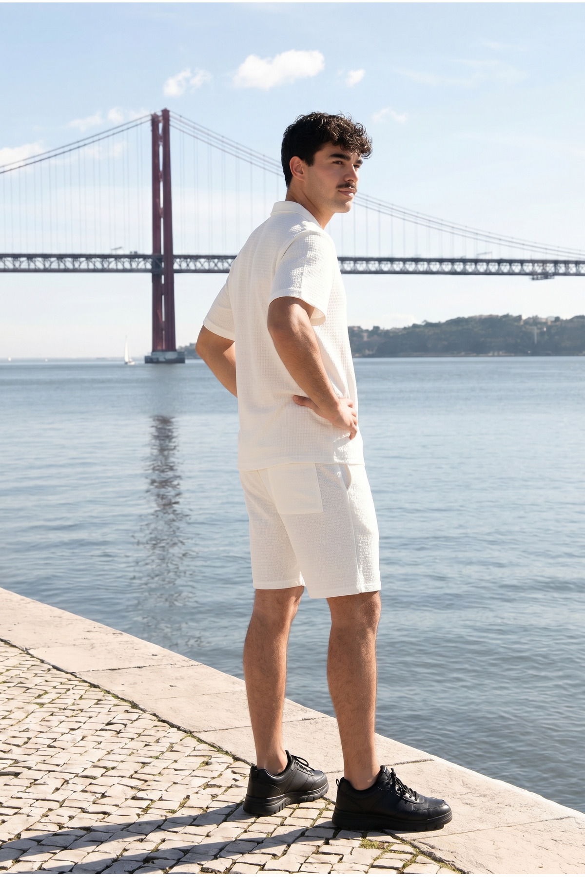 Erkek Relax Fit Gömlek Basic Şort Beyaz Yazlık Keten İkili Takım 4