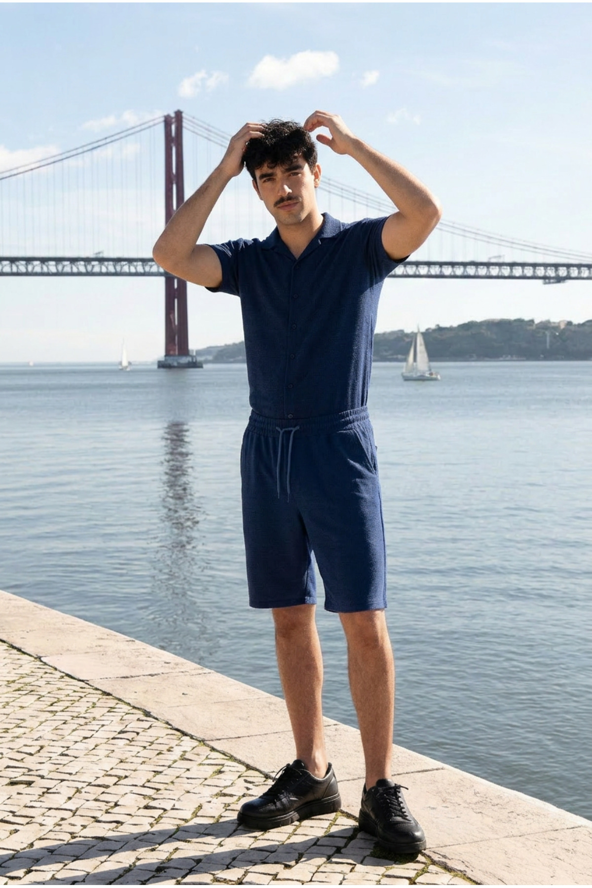 Erkek Relax Fit Gömlek Basic Şort Lacivert Yazlık Keten İkili Takım 3