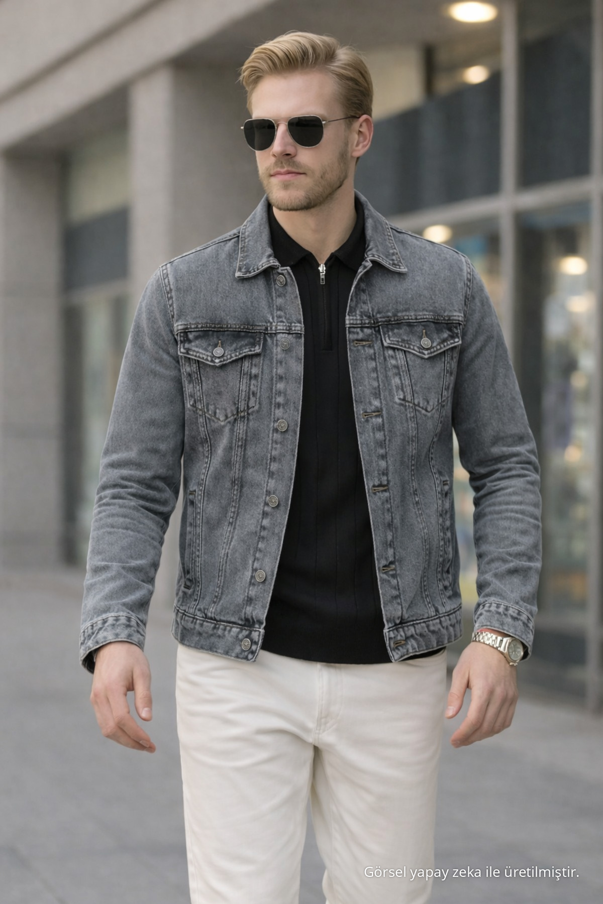 Erkek Mevsimlik Jeans Basic Bol Gri Kot Ceket 4