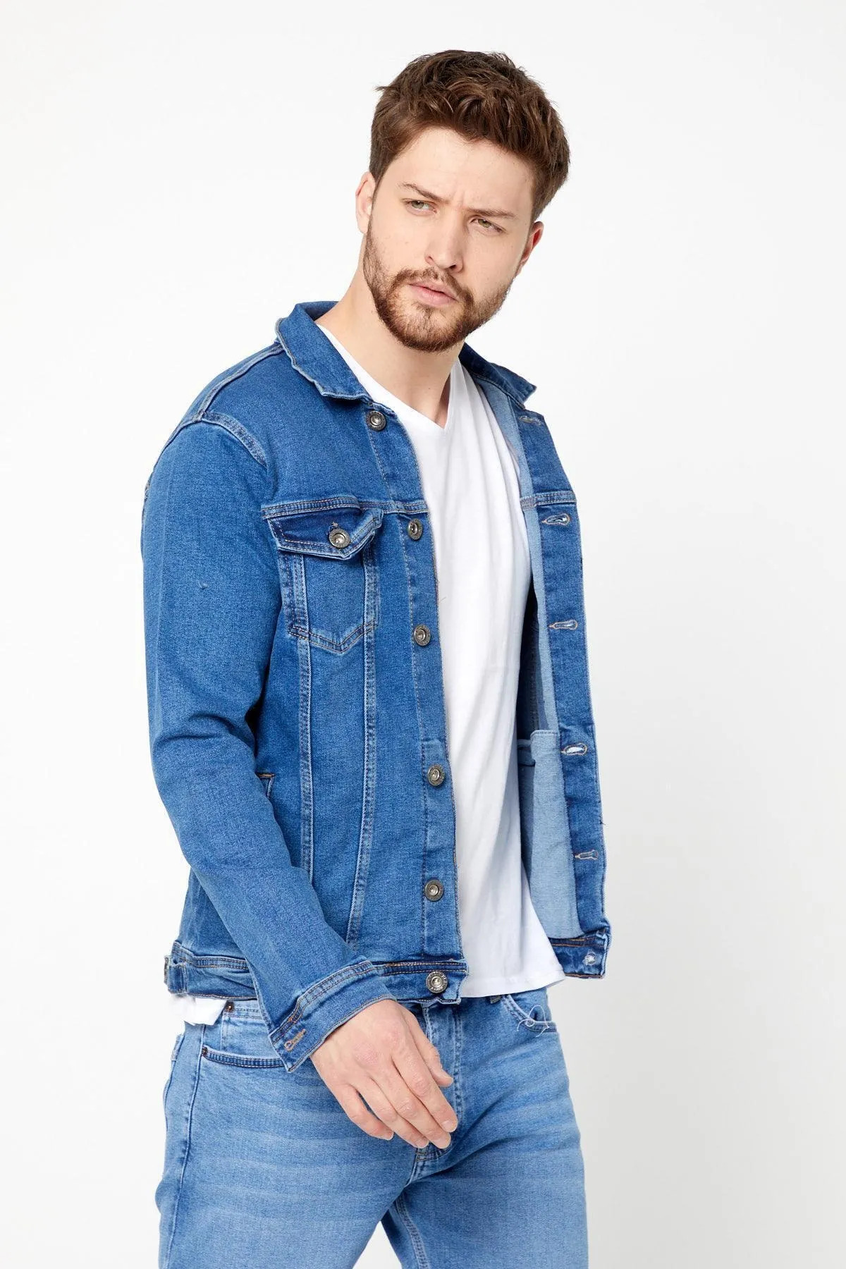 Erkek Mevsimlik Jeans Basic Bol Mavi Kot Ceket 5
