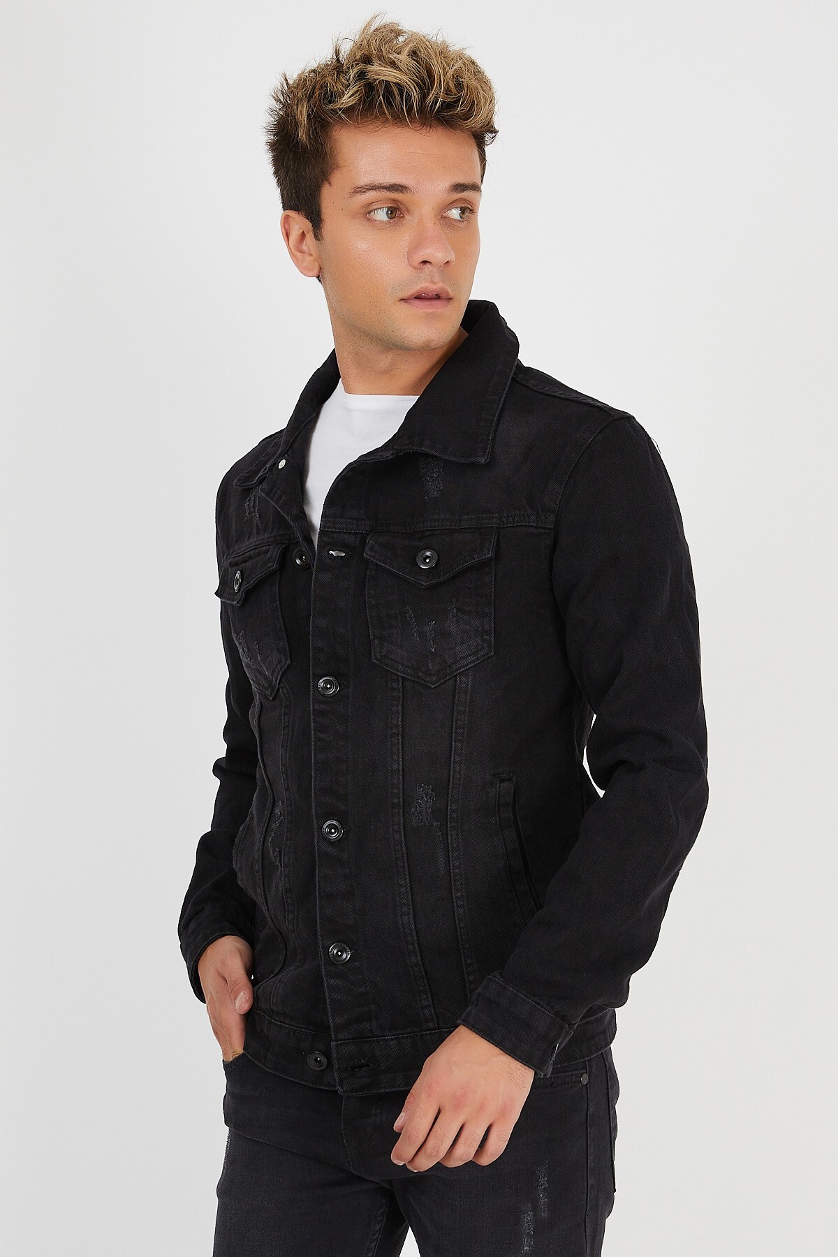 Erkek Mevsimlik Jeans Basic Bol Siyah Kot Ceket 6