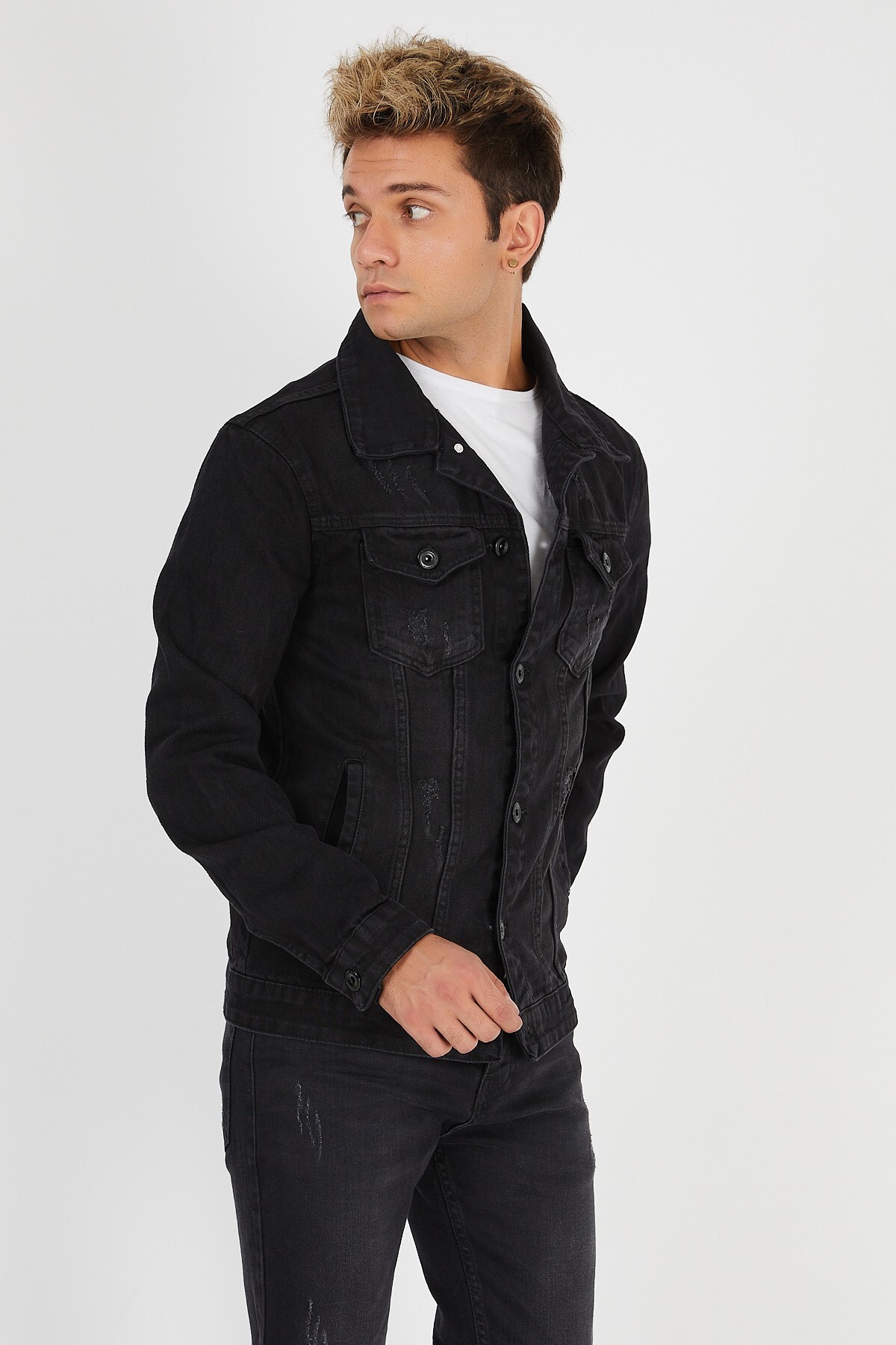 Erkek Mevsimlik Jeans Basic Bol Siyah Kot Ceket 5