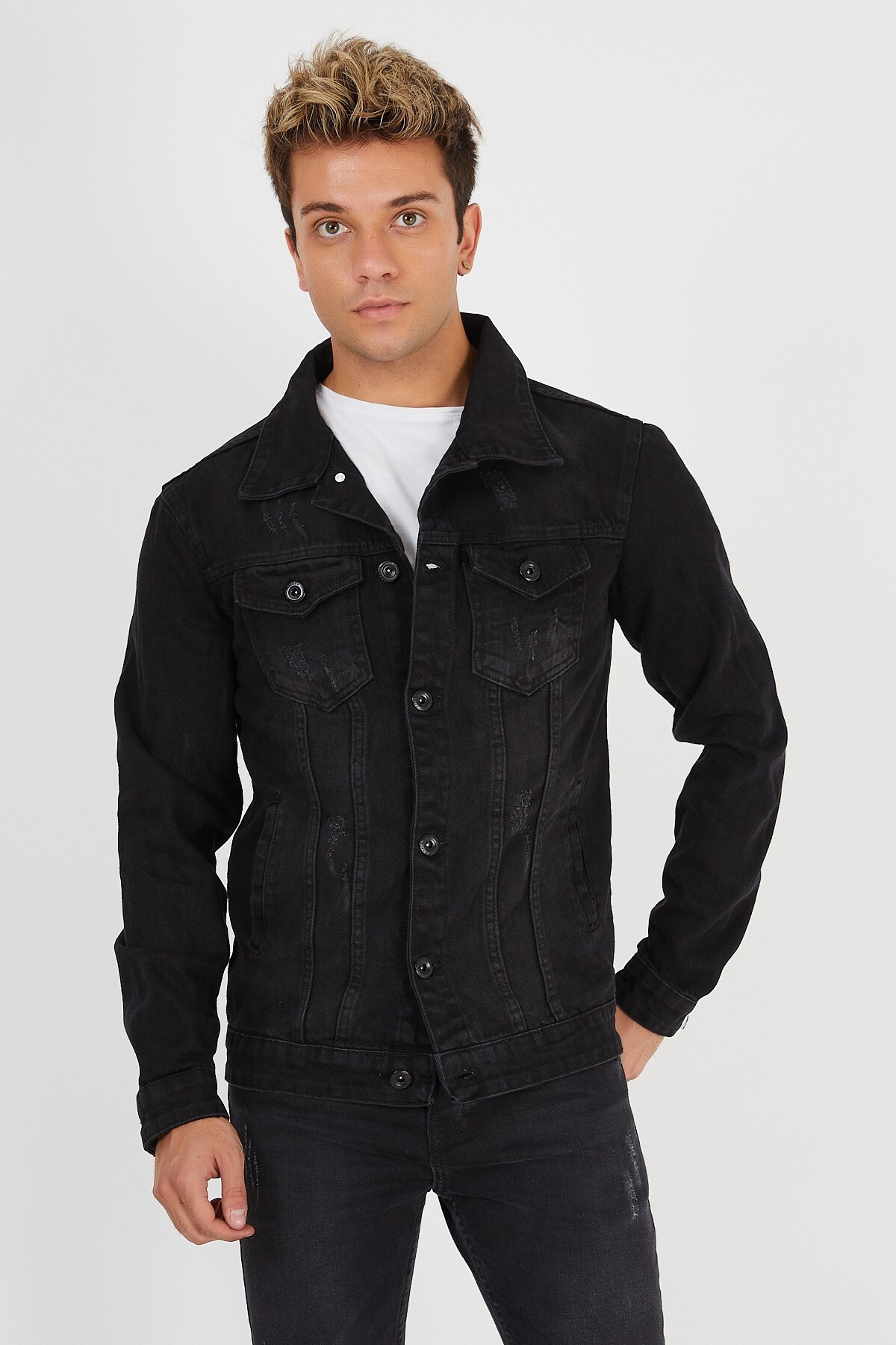 Erkek Mevsimlik Jeans Basic Bol Siyah Kot Ceket 4