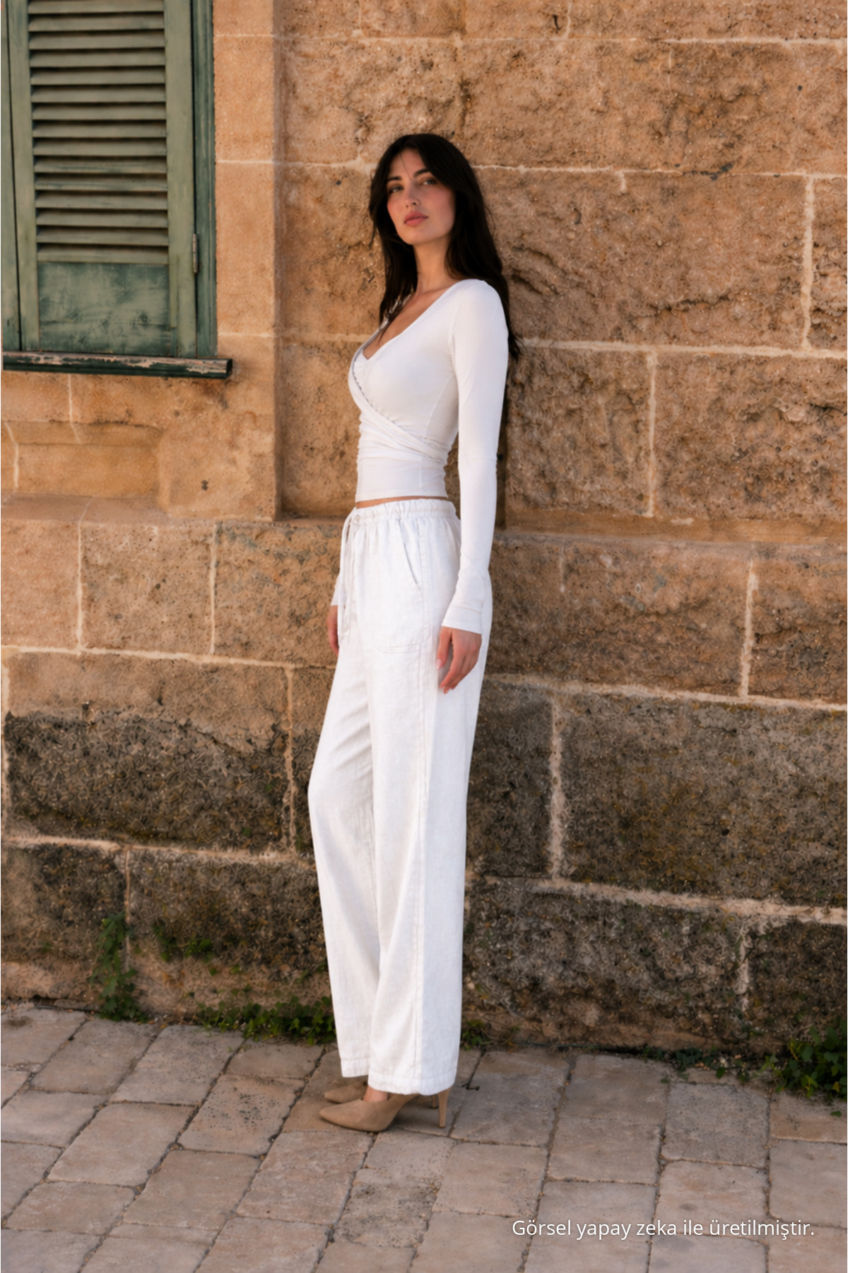 Kadın Beli Lastikli Jogger Beyaz Keten Pantolon 4