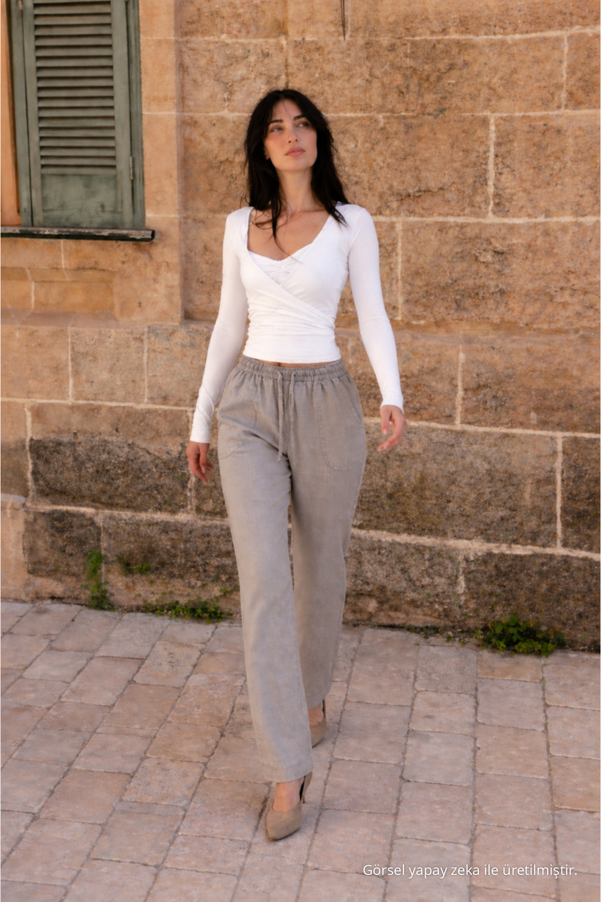 Kadın Beli Lastikli Jogger Gri Keten Pantolon 3