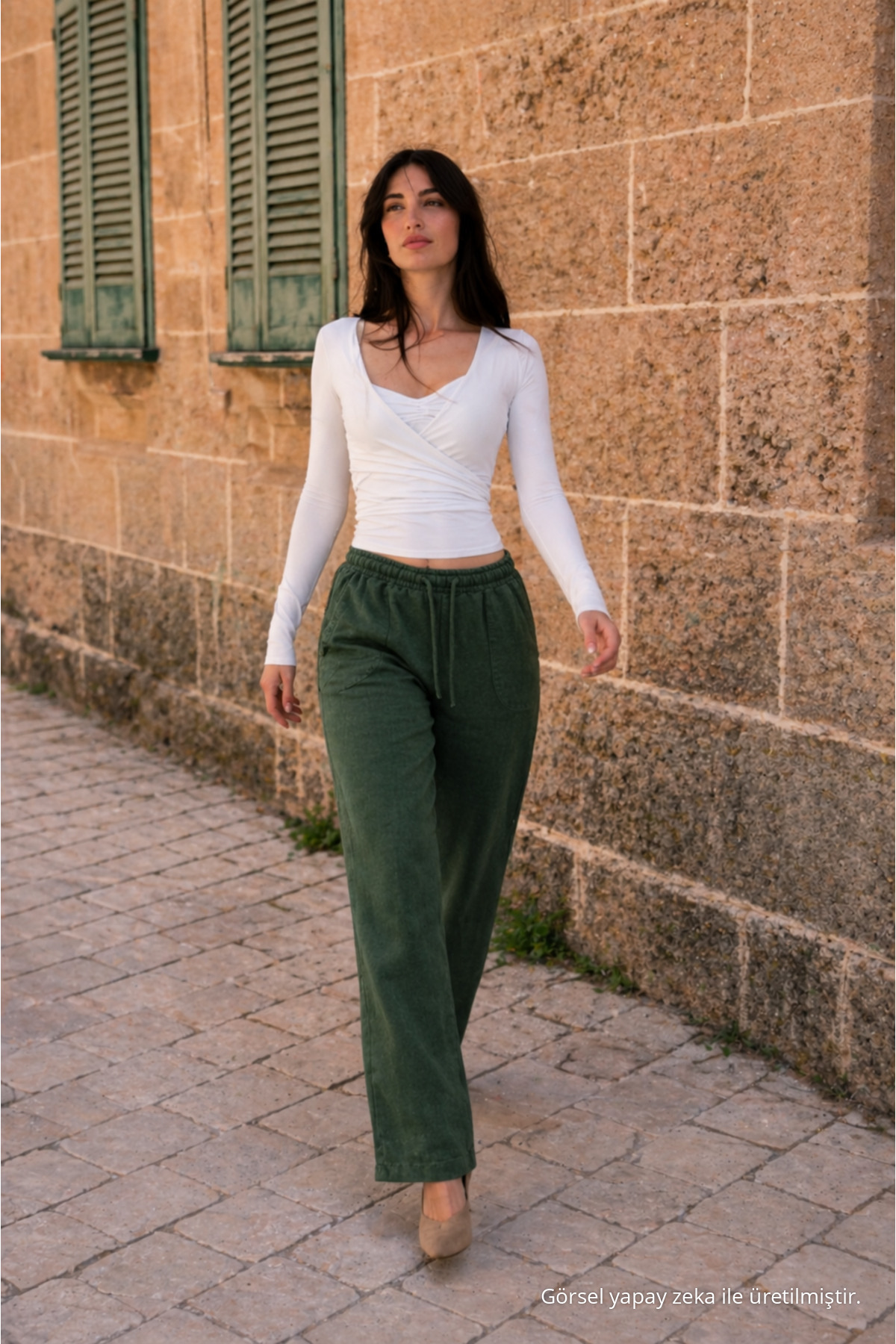 Kadın Beli Lastikli Jogger Koyu Keten Pantolon 3