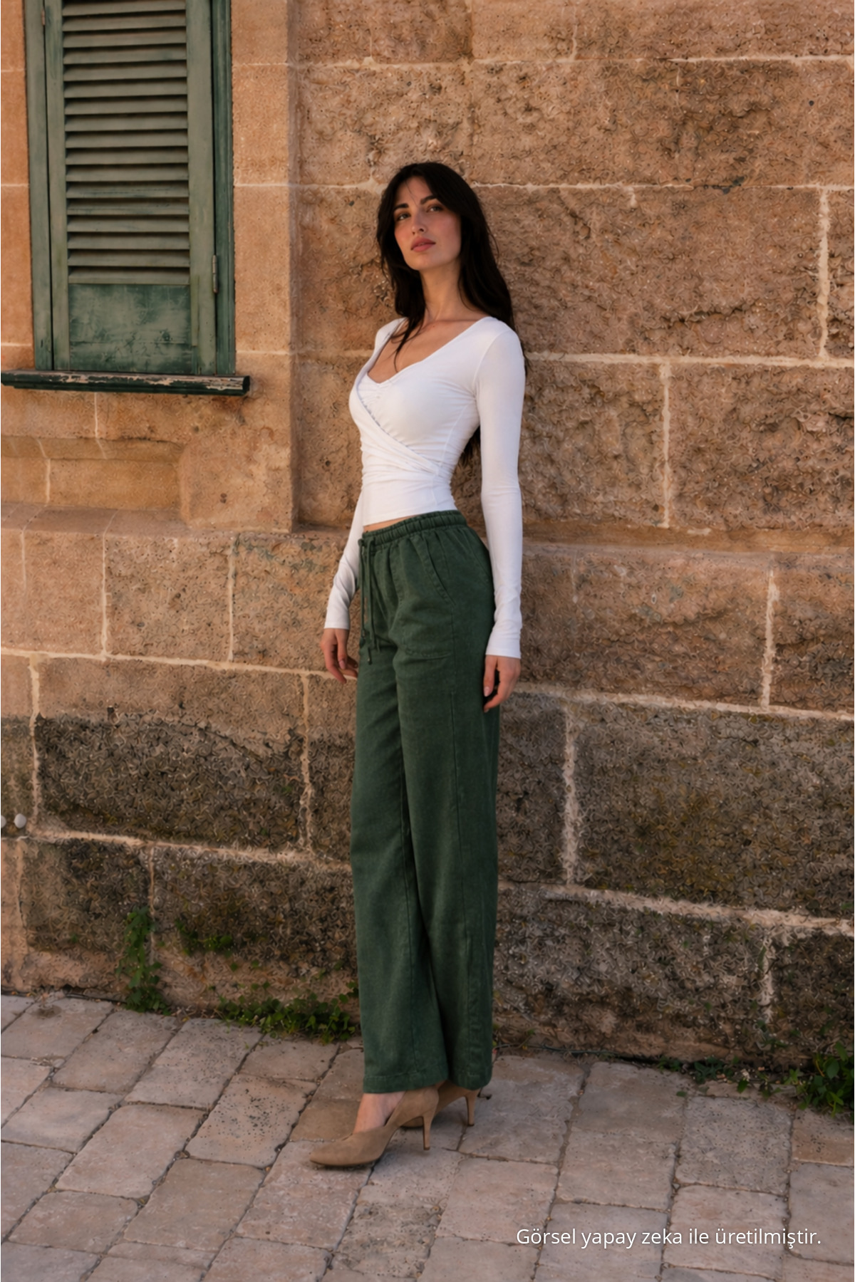 Kadın Beli Lastikli Jogger Koyu Keten Pantolon 4