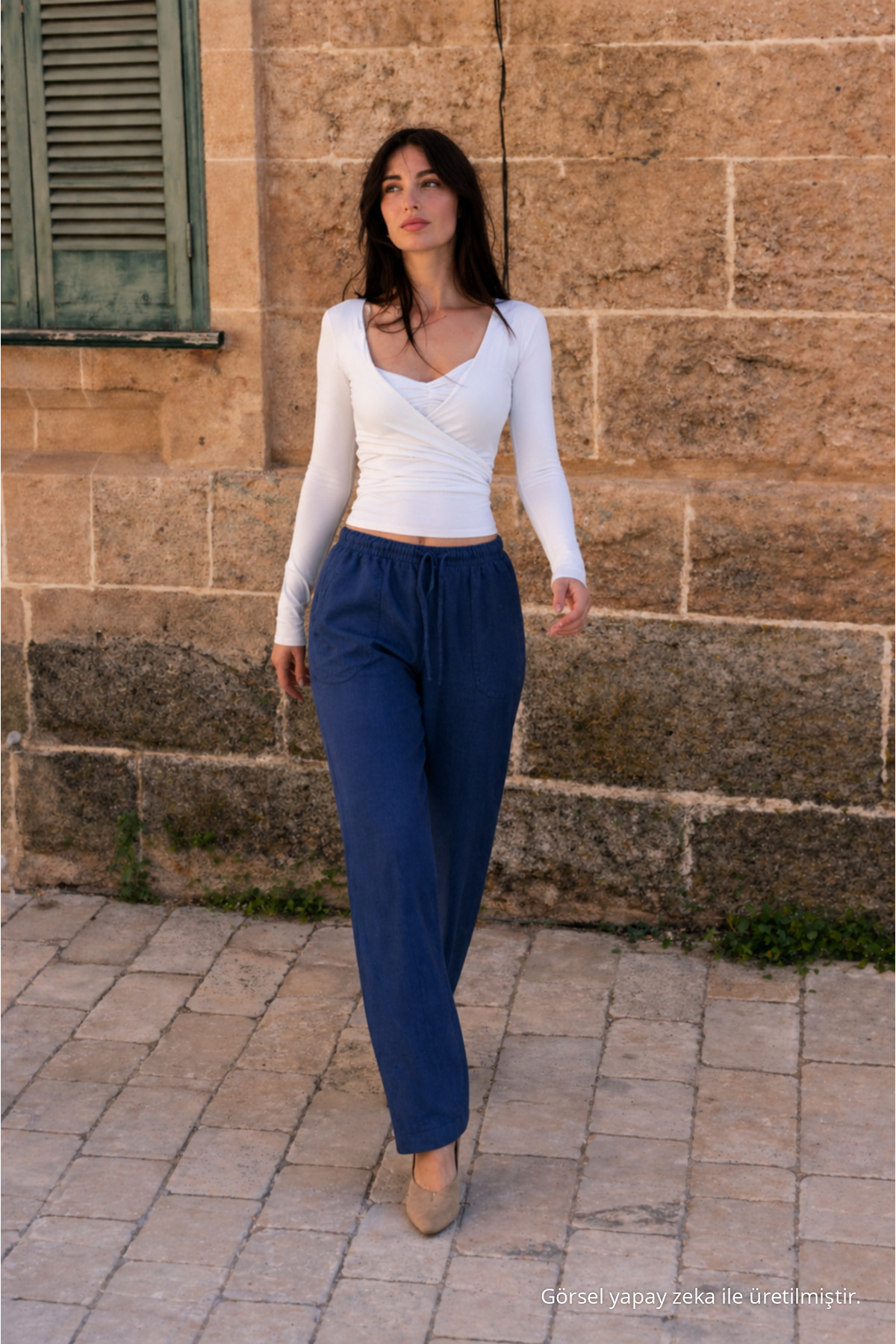 Kadın Beli Lastikli Jogger Lacivert Keten Pantolon 3