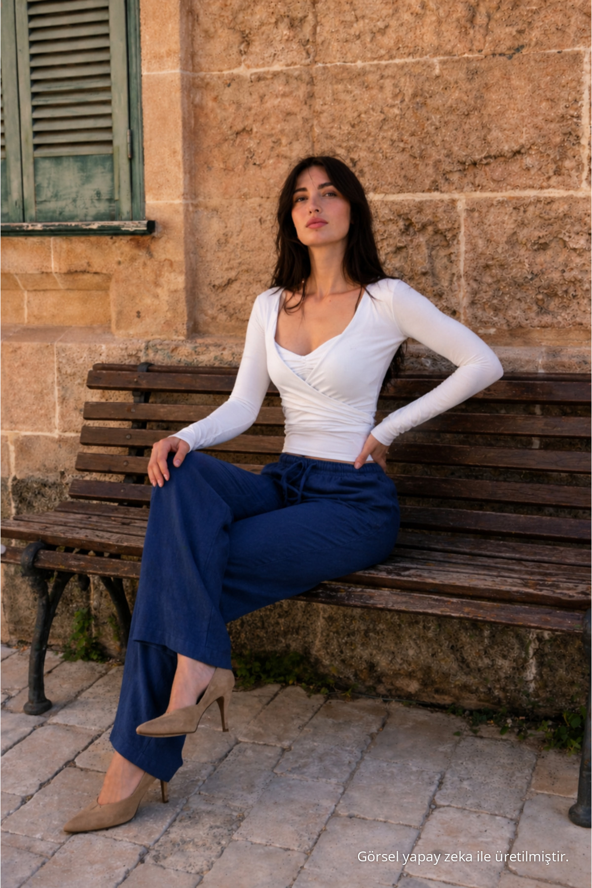 Kadın Beli Lastikli Jogger Lacivert Keten Pantolon 5