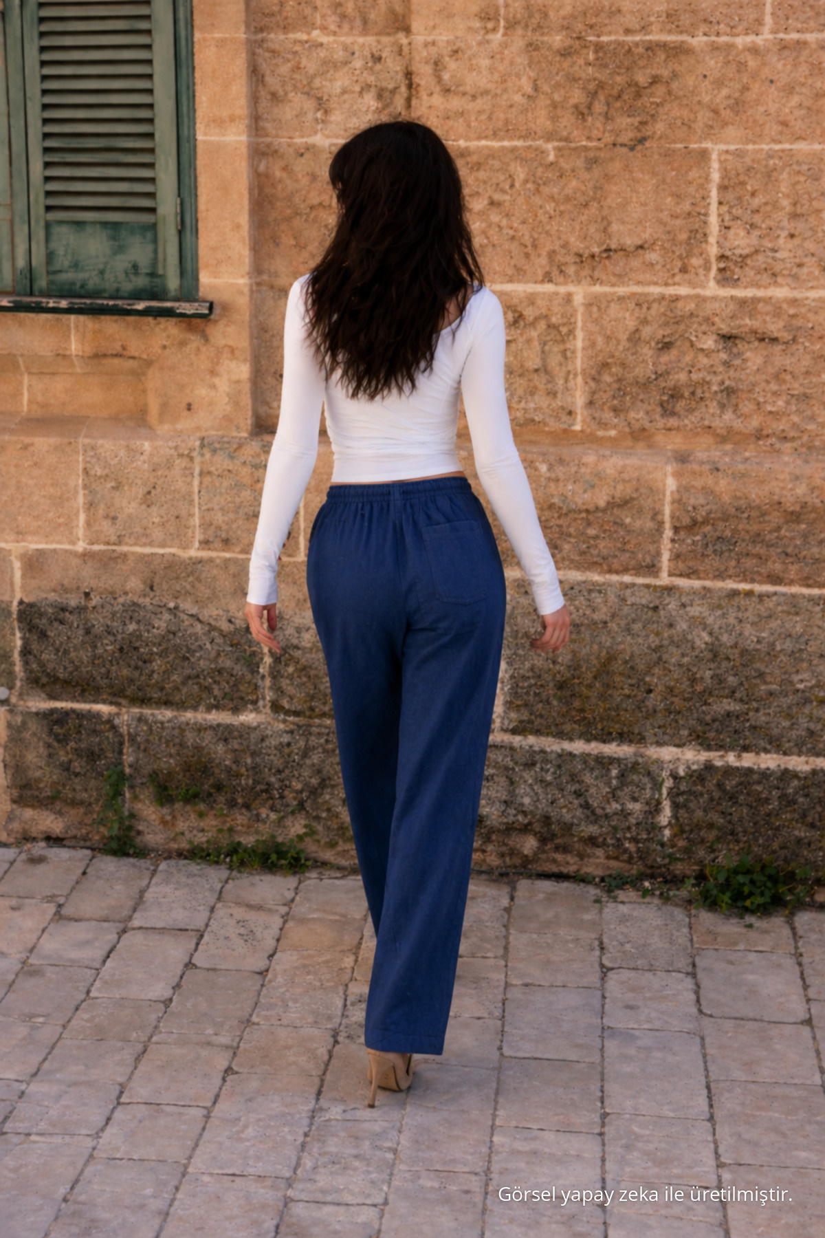 Kadın Beli Lastikli Jogger Lacivert Keten Pantolon 6