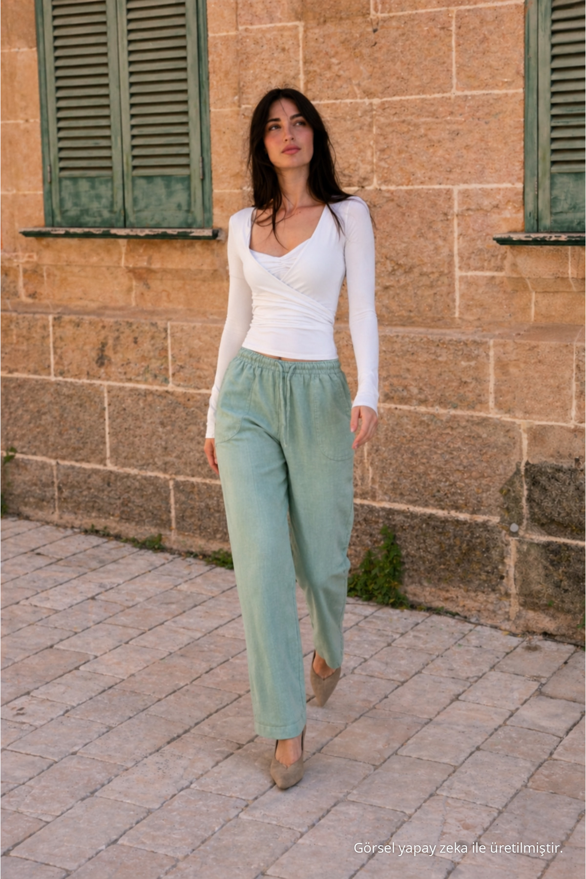 Kadın Beli Lastikli Jogger S.Yeşil Keten Pantolon Su 3