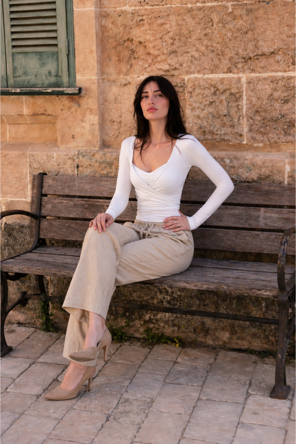 Kadın Beli Lastikli Jogger Bej Keten Pantolon 5