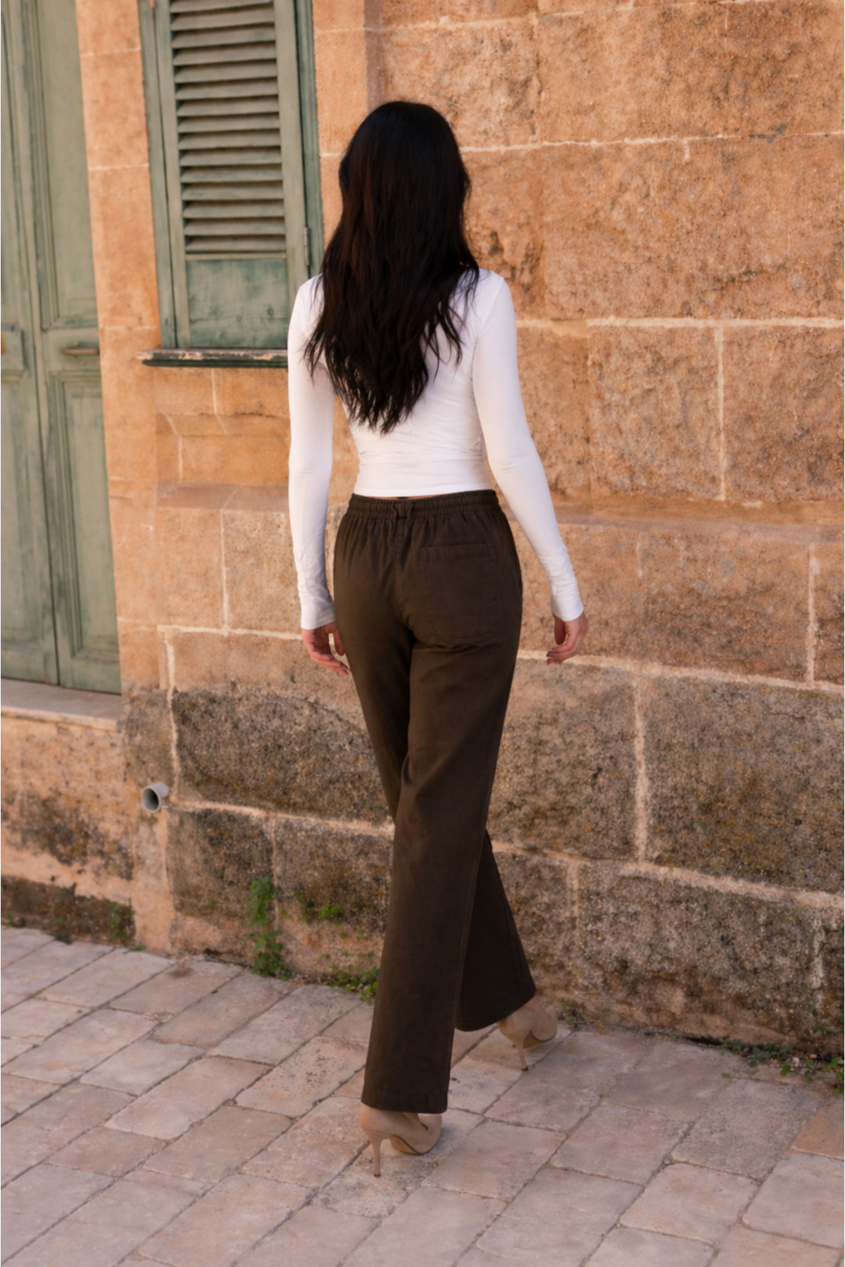 Kadın Beli Lastikli Jogger Kahve Keten Pantolon 6