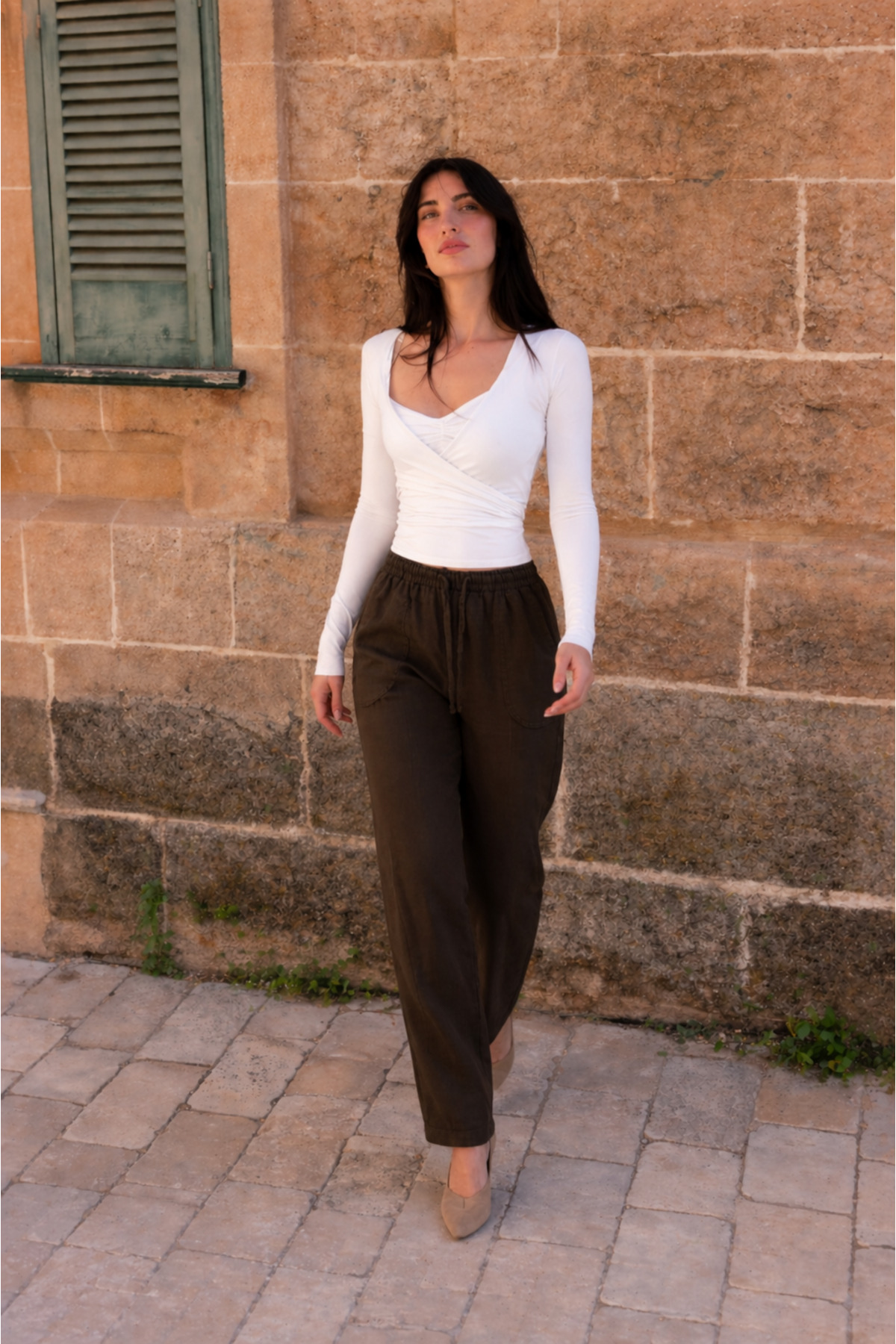 Kadın Beli Lastikli Jogger Kahve Keten Pantolon 3