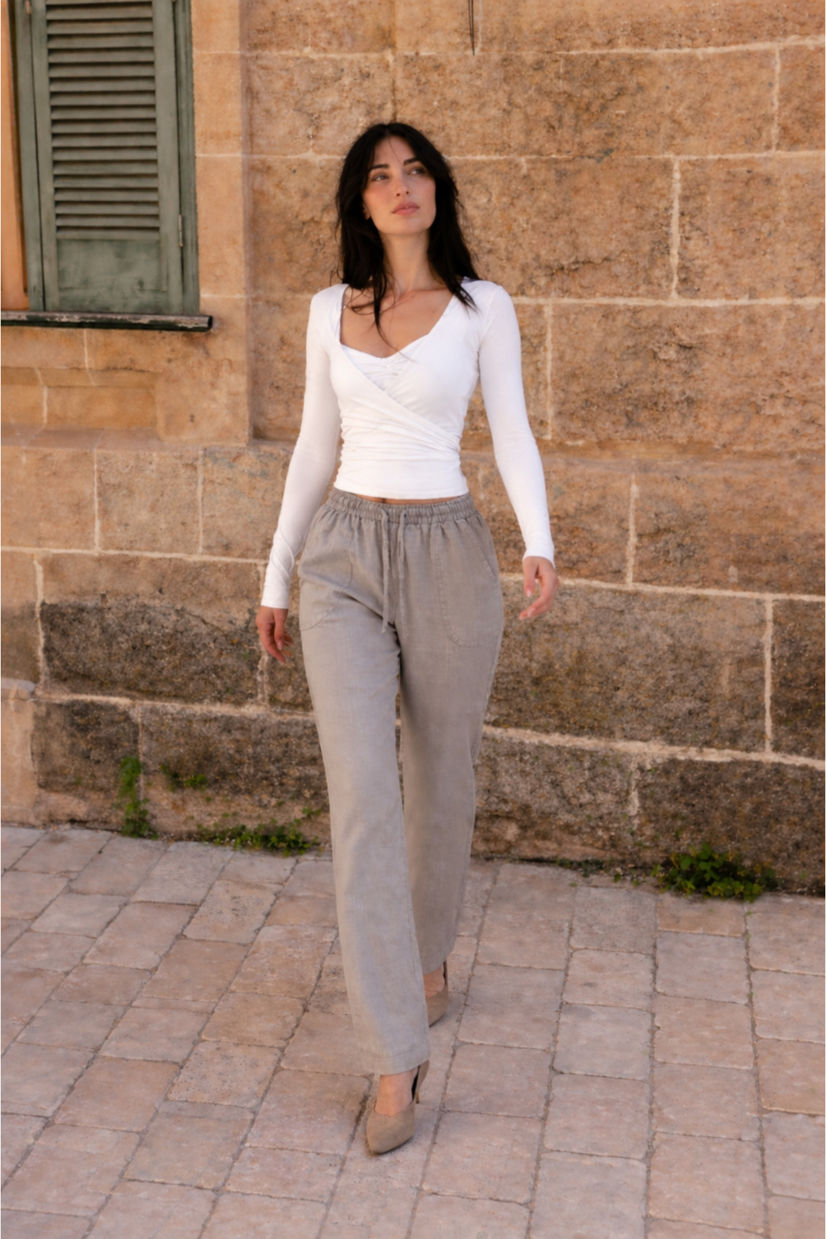 Kadın Beli Lastikli Jogger Gri Keten Pantolon 3