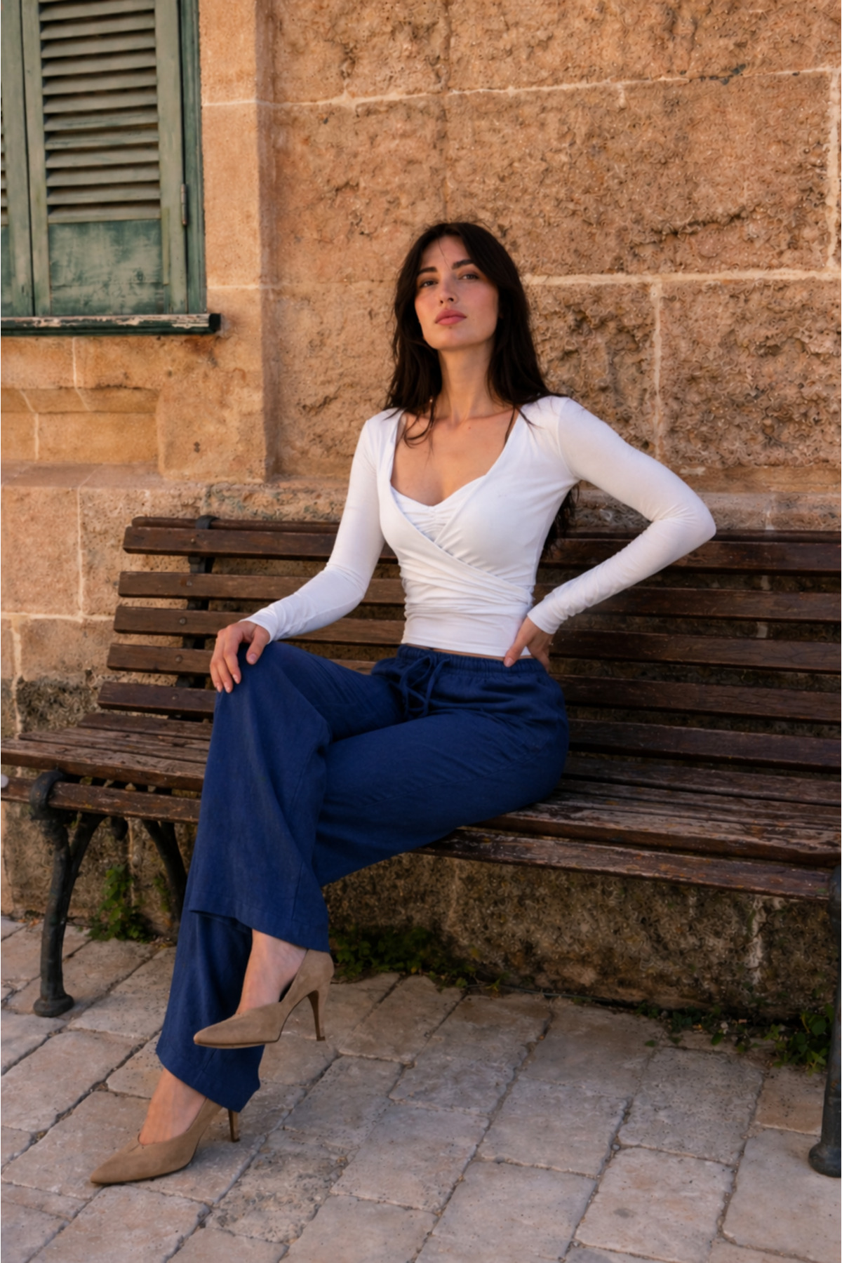 Kadın Beli Lastikli Jogger Lacivert Keten Pantolon 5